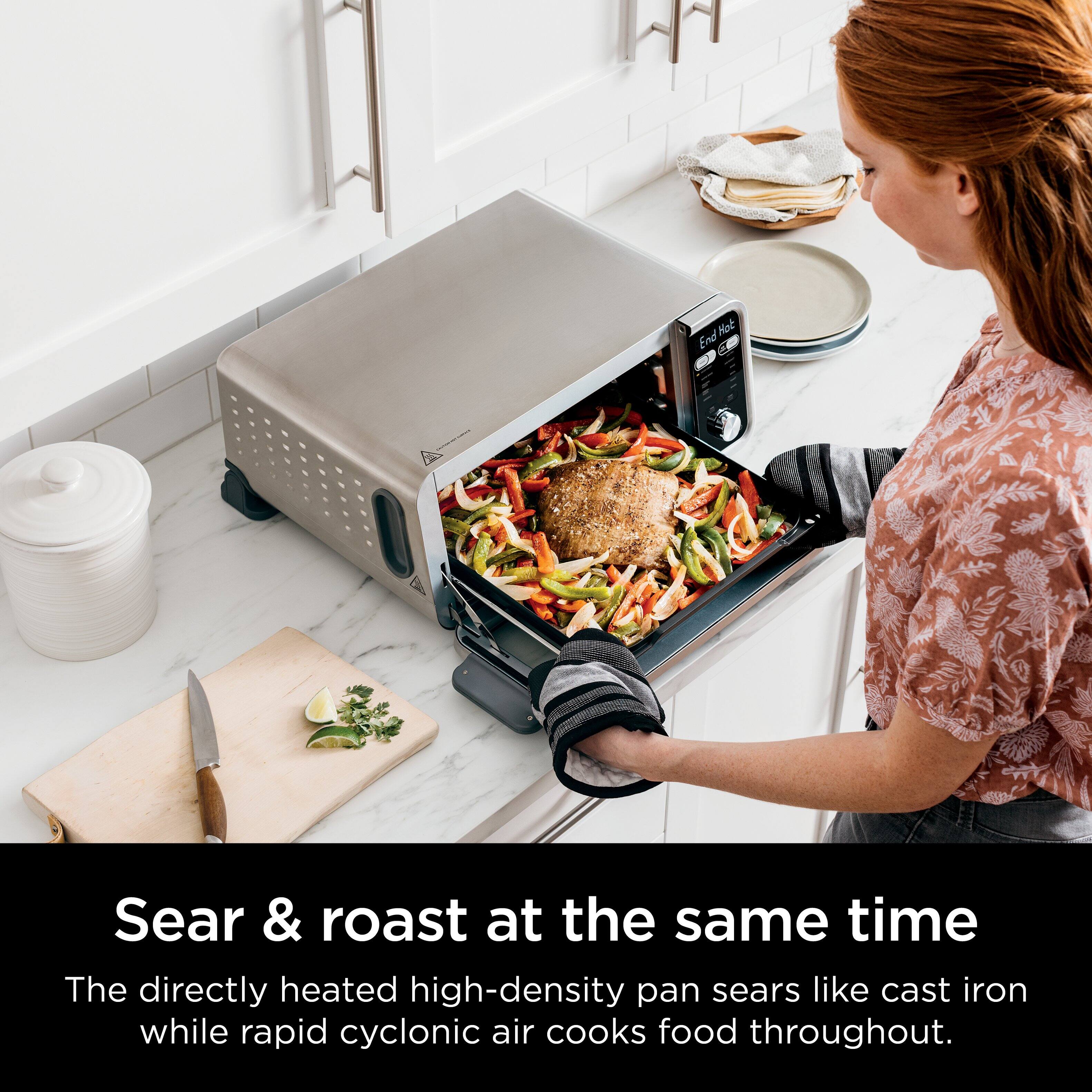 Hot End Sear & roast at the same time The directly heated high-density pan sears like cast iron while rapid cyclonic air cooks food throughout.