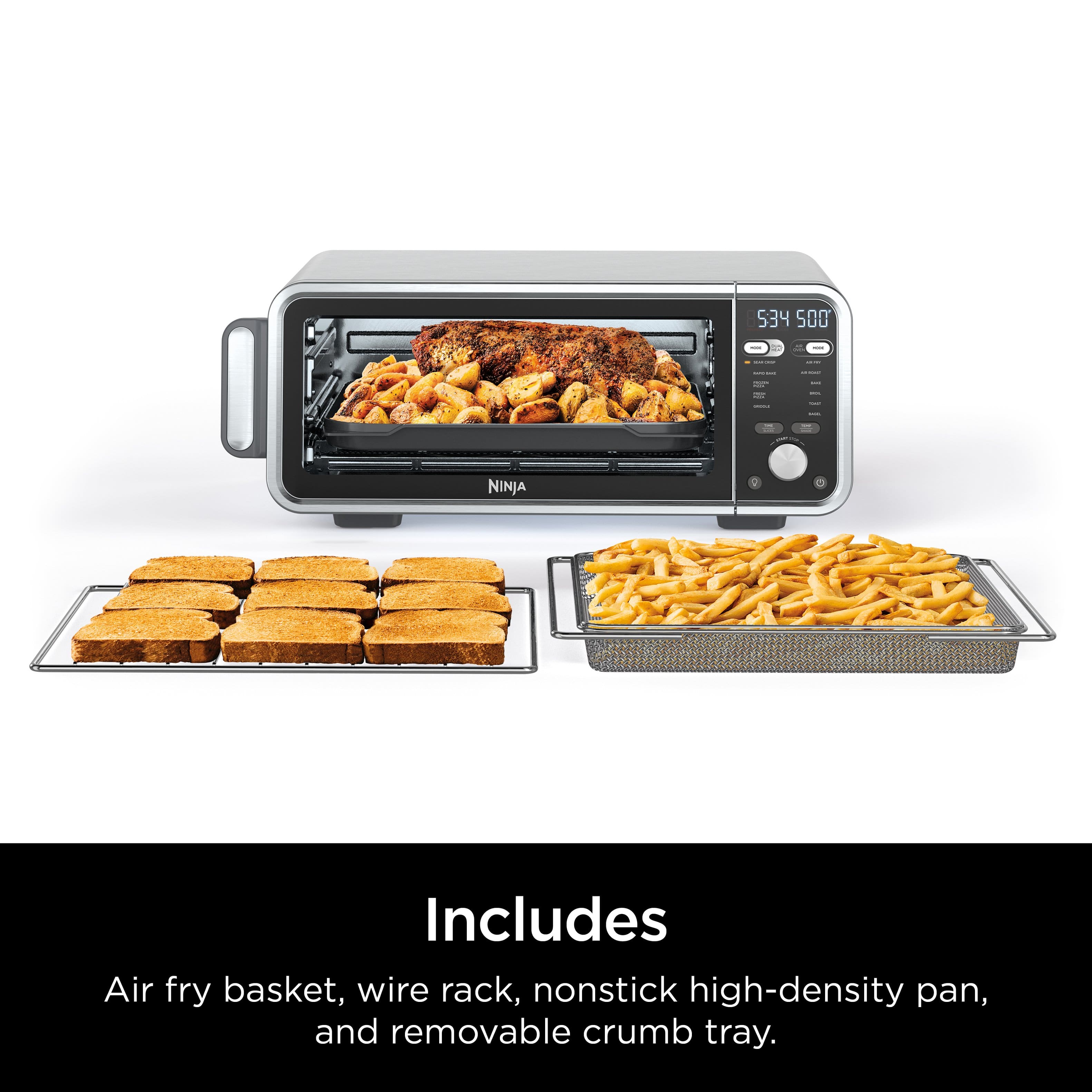 The image features a Ninja Foodi 2 appliance, which includes an air fry basket, wire rack, nonstick high-density pan, and removable crumb tray.