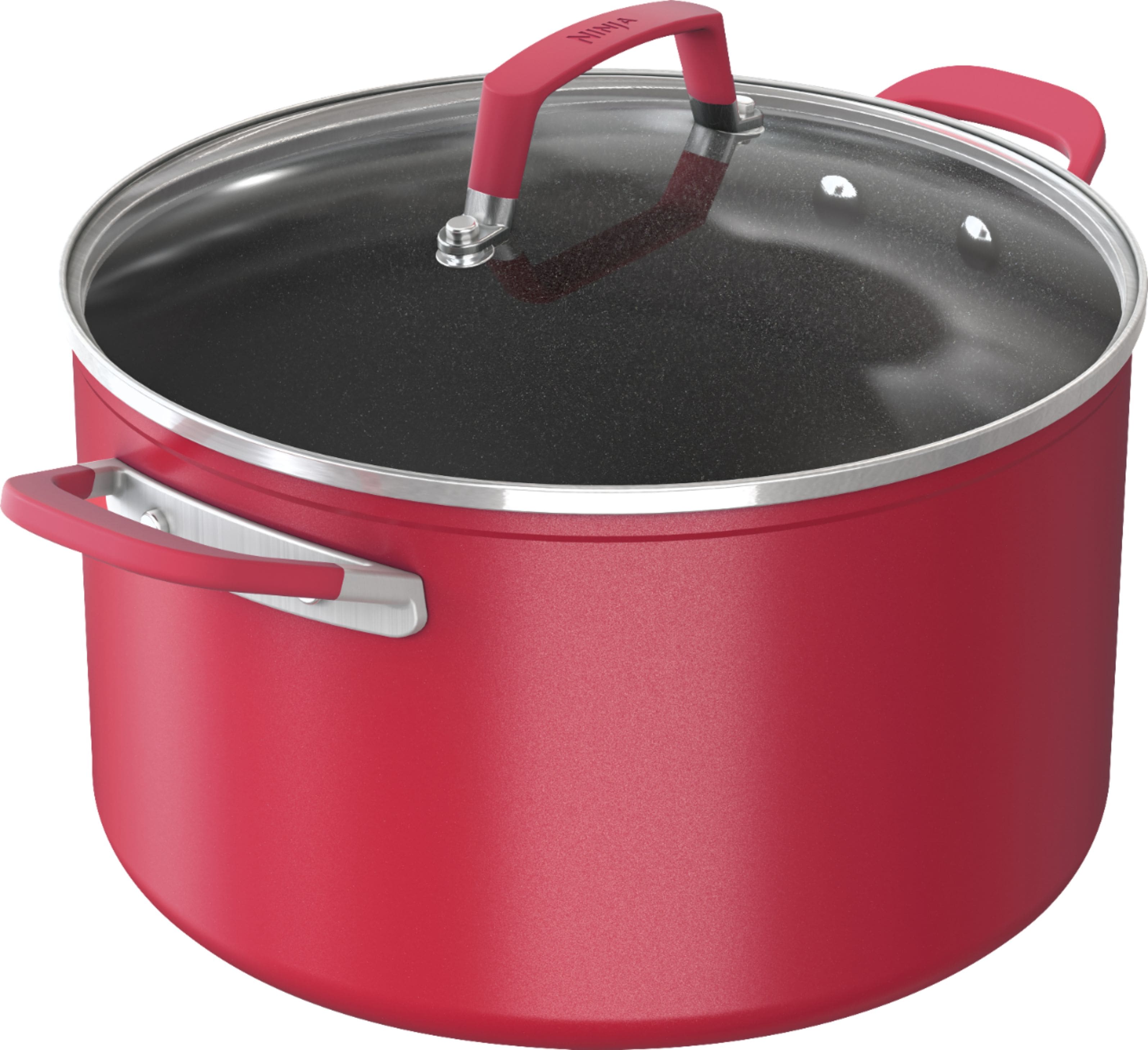 Angle. Ninja - NeverStick Vivid 8-Quart Stock Pot with Glass Lid - Crimson Red.