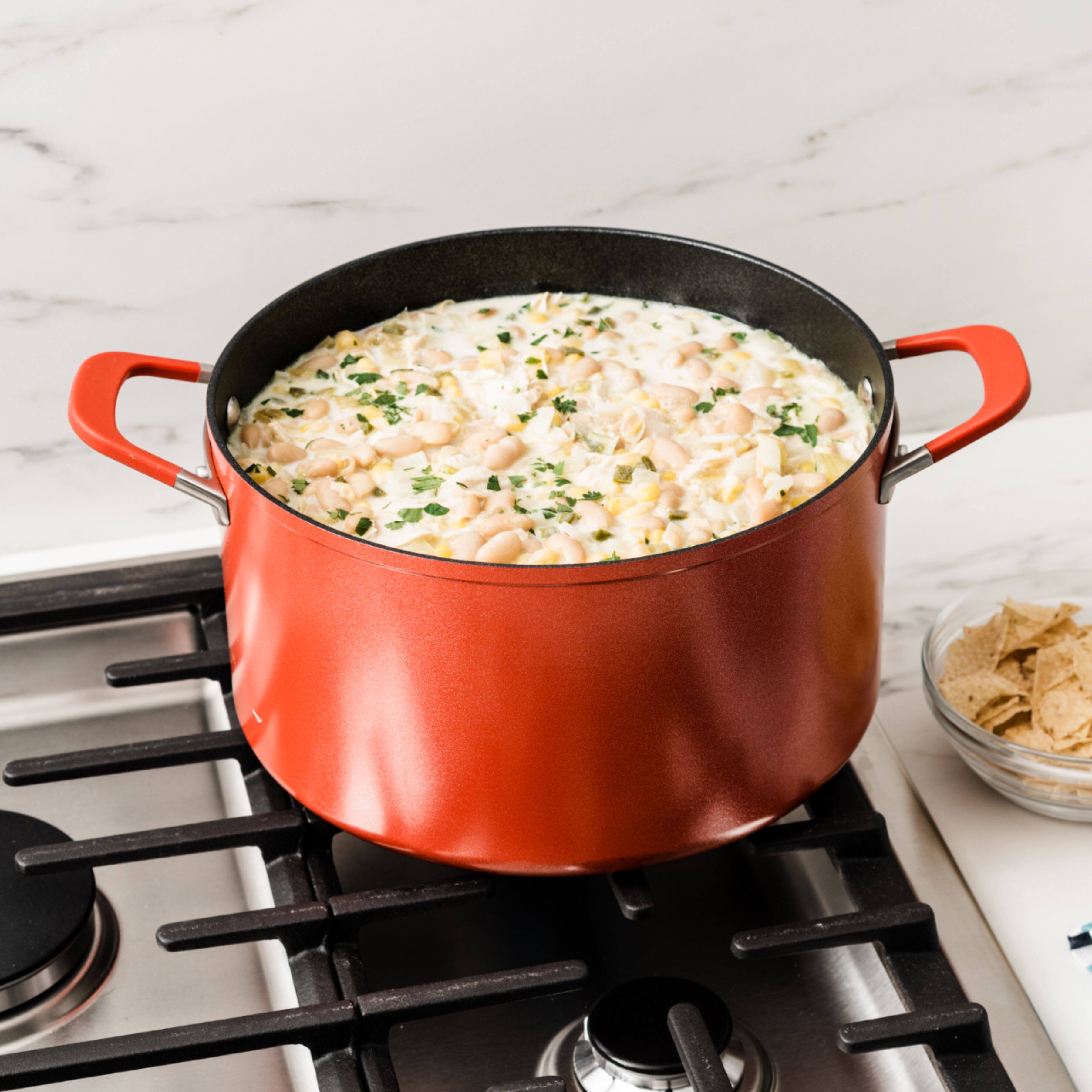 Left. Ninja - NeverStick Vivid 8-Quart Stock Pot with Glass Lid - Crimson Red.