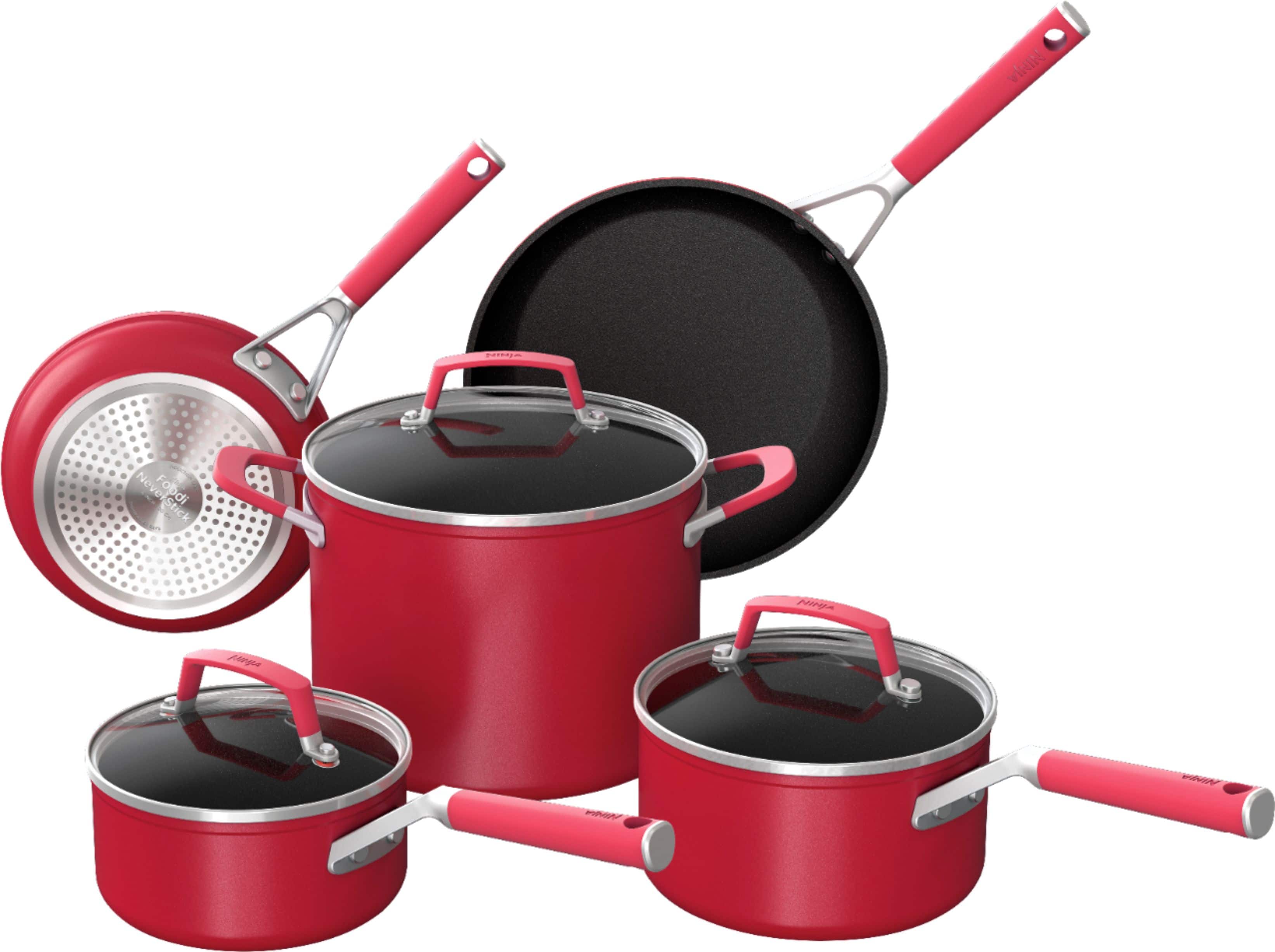 Angle. Ninja - Foodi NeverStick Vivid 8-Piece Cookware Set - Crimson Red.