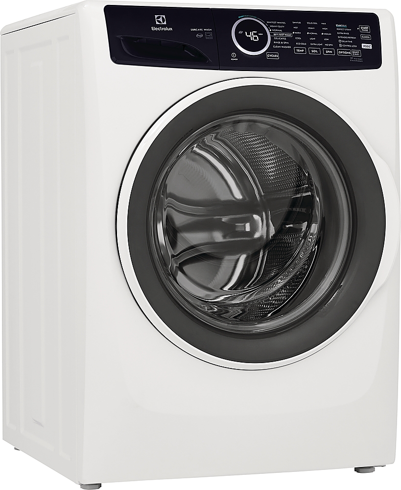 Angle View: Samsung - Geek Squad Certified Refurbished 5.0 Cu. Ft. High Efficiency Stackable Smart Front Load Washer Steam and CleanGuard - Ivory