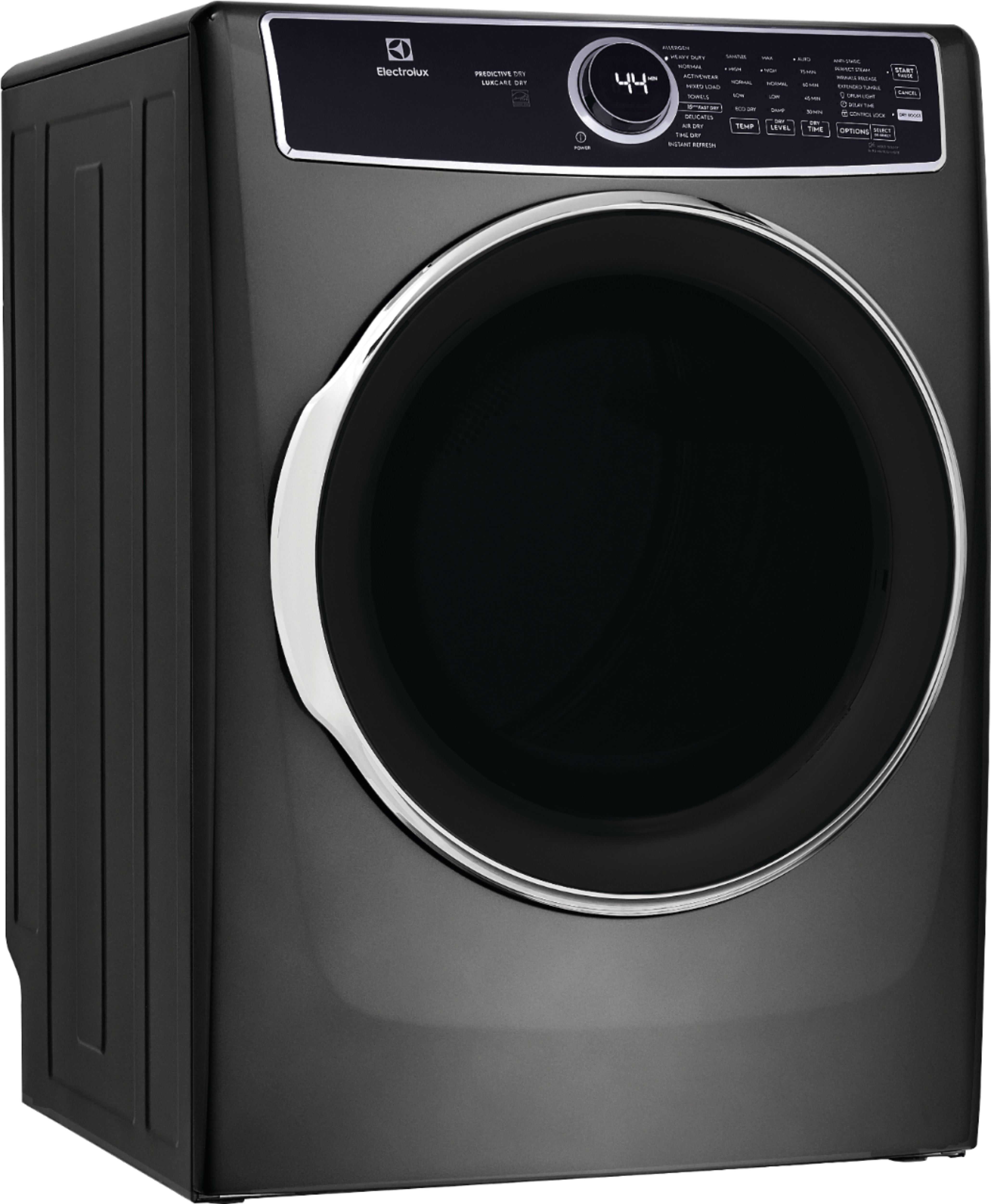 Left View: Electrolux - 8.0 Cu. Ft. Stackable Gas Dryer with Steam, LuxCare Dry System & Air Dry Cycle - Titanium