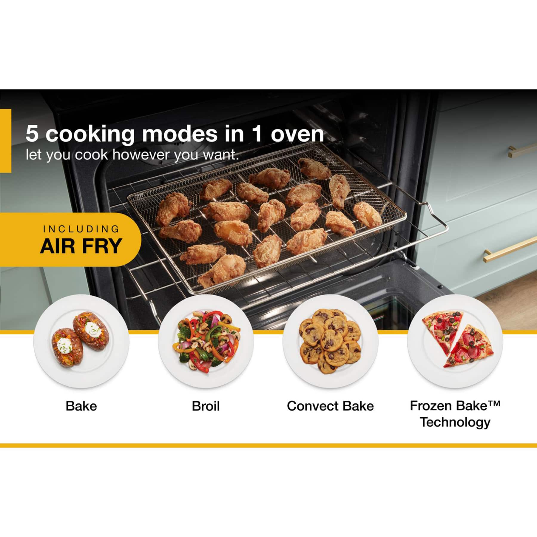 The text on the image is grouped and corrected as follows:
"5 Cooking Modes in 1 Oven: Including Air Fry, Bake, Broil, Convect Bake, and Frozen Bake TM Technology."