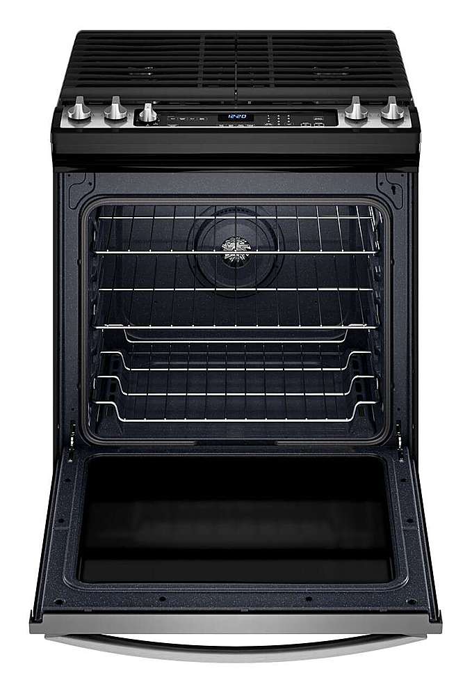 The text on the image reads: "M20 5.8 CU. FT. 7 7-in-1 Oven SSS Air Fry Mode 60gPoml EZ-2-Lift TM Hinged Cast-Iron Grates."