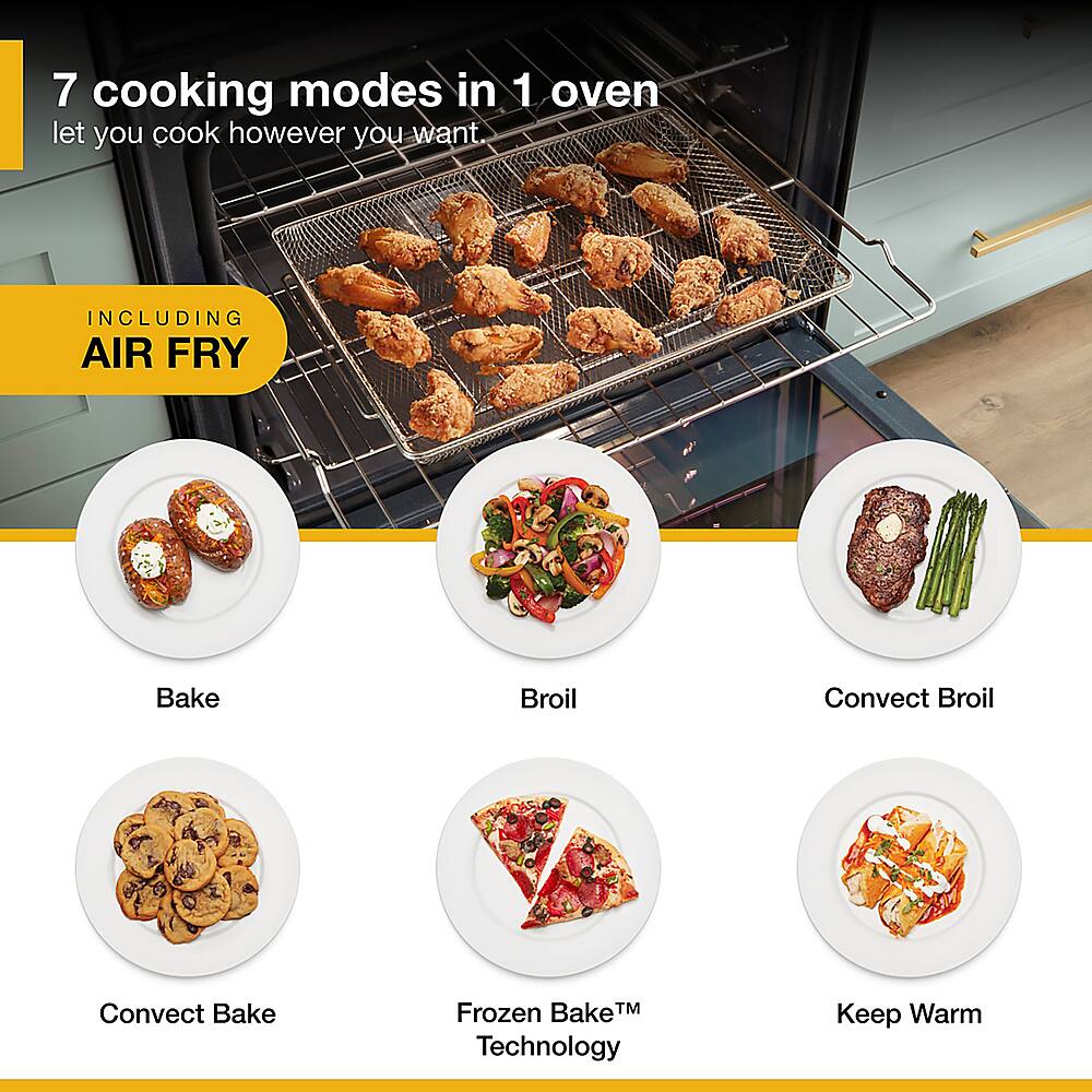 7 cooking modes in 1 oven, including Air Fry, Bake, Broil, Convect Broil, Convect Bake, Frozen BakeTM Technology, and Keep Warm.