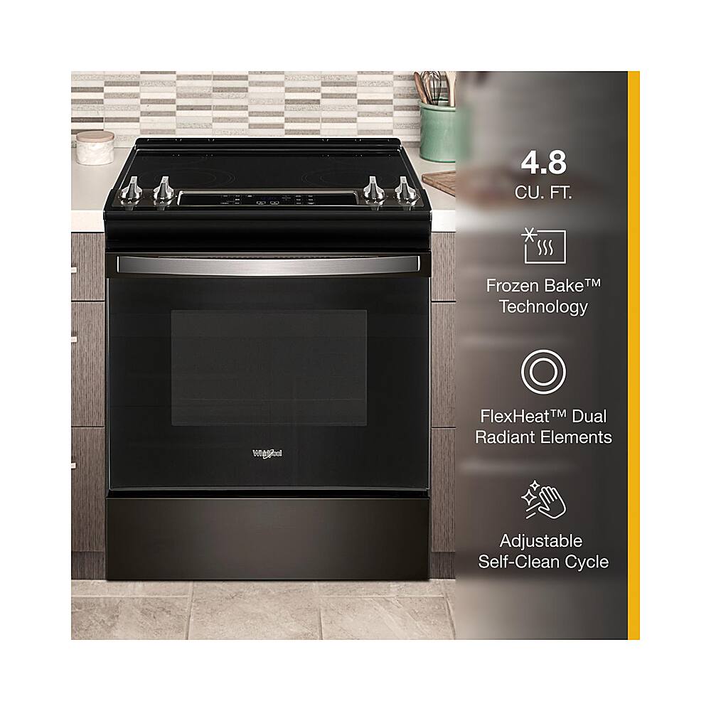 The text on the image is grouped and corrected as follows:

4.8 CU. FT. SSS Frozen Bake Technology nitrogen FlexHeat Dual Radiant Elements Adjustable Self-Clean Cycle