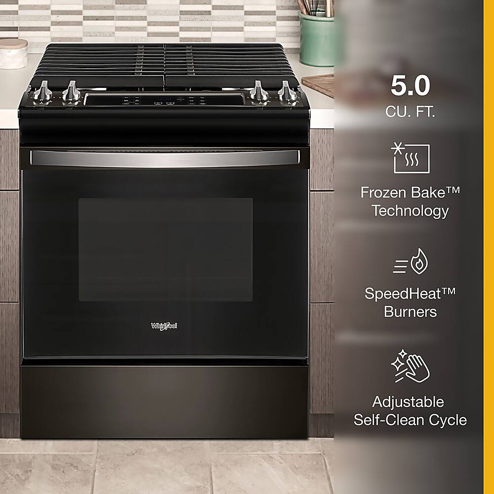 The text on the image reads: "5.0 CU. FT. SSS Frozen Bake TM Technology w/ SpeedHeatTM Burners Adjustable Self-Clean Cycle."