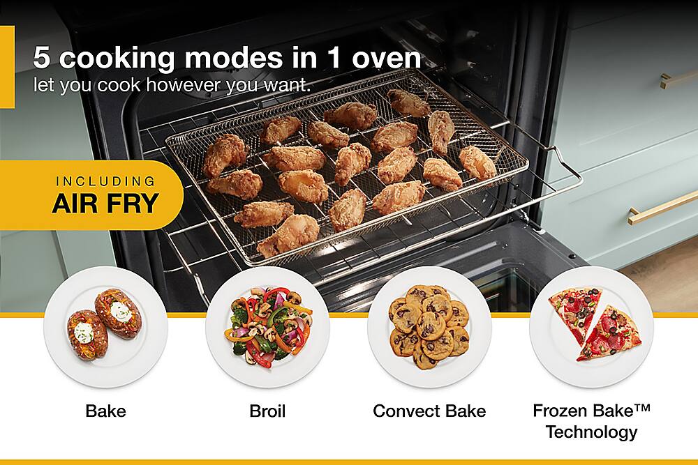 The text on the image states that there are five cooking modes in one oven, which include Air Fry, Bake, Broil, Convect Bake, and Frozen Bake using TM Technology.