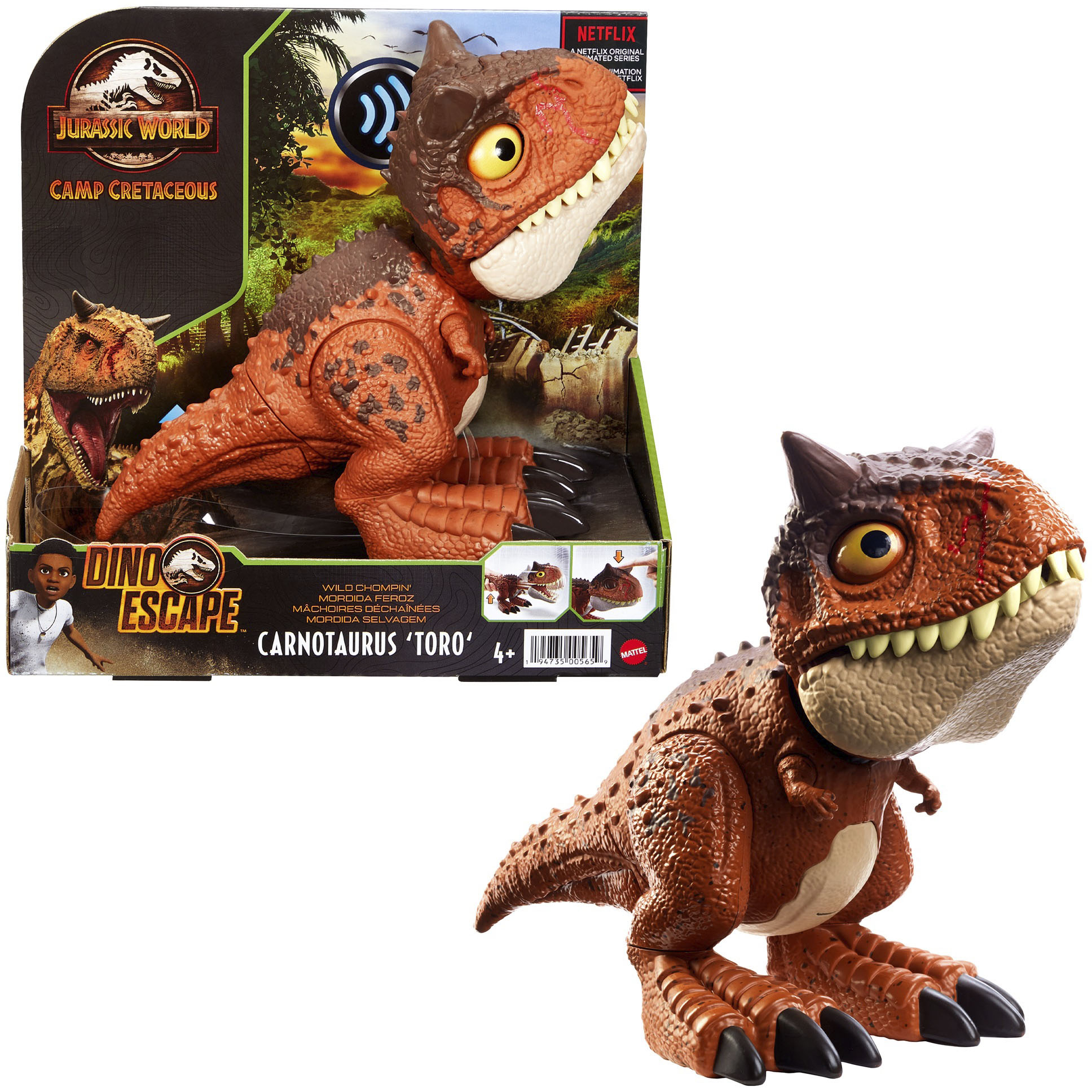 Left View: Jurassic World Camp Cretaceous Chompin’ Carnotaurus Toro Dinosaur Action Figure, Toy Gift with Button-Activated Chomping and Other Motion