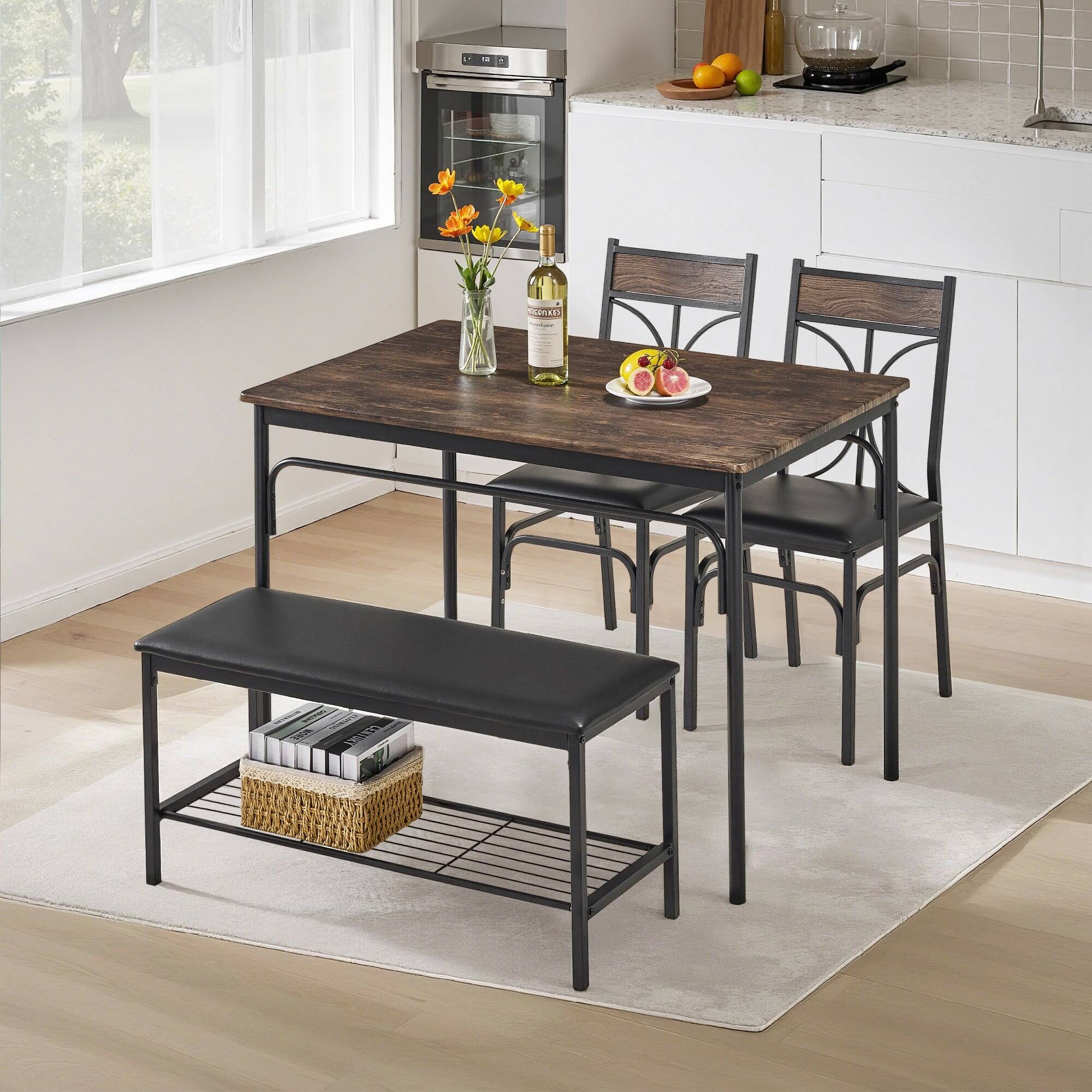 Alt View 2. Vecelo - Modern 4-Piece Dining Table Set with Bench and 2 Upholstered Chairs – Rectangular Kitchen Table Set for Small Spaces - Brown.