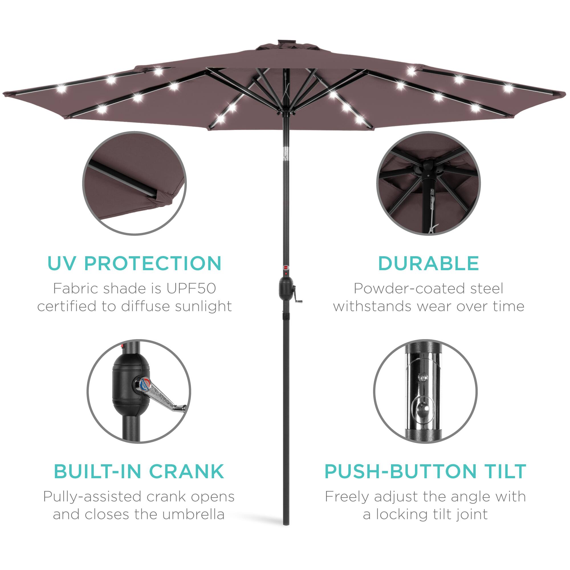 UV Protection: Fabric shade is UPF50 certified to diffuse sunlight.  
Durable: Powder-coated steel withstands wear over time.  
Built-in Crank: Pulley-assisted crank opens and closes the umbrella.  
Push-button Tilt: Freely adjust the angle with a locking tilt joint.