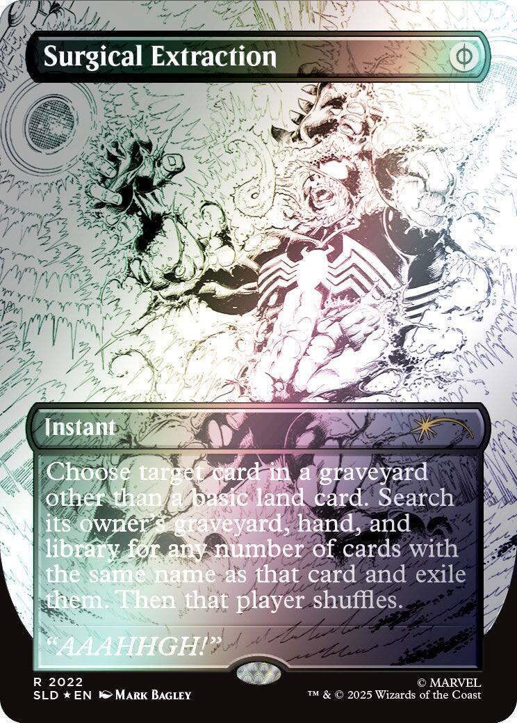 Surgical Extraction  
Instant  
Choose target card in a graveyard other than a basic land card. Search its owner's graveyard, hand, and library for any number of cards with the same name as that card and exile them. Then that player shuffles.  
"AAAHHGH!"  
2022 SLD EN  
MARK BAGLEY  
TM & © 2025 Wizards of the Coast