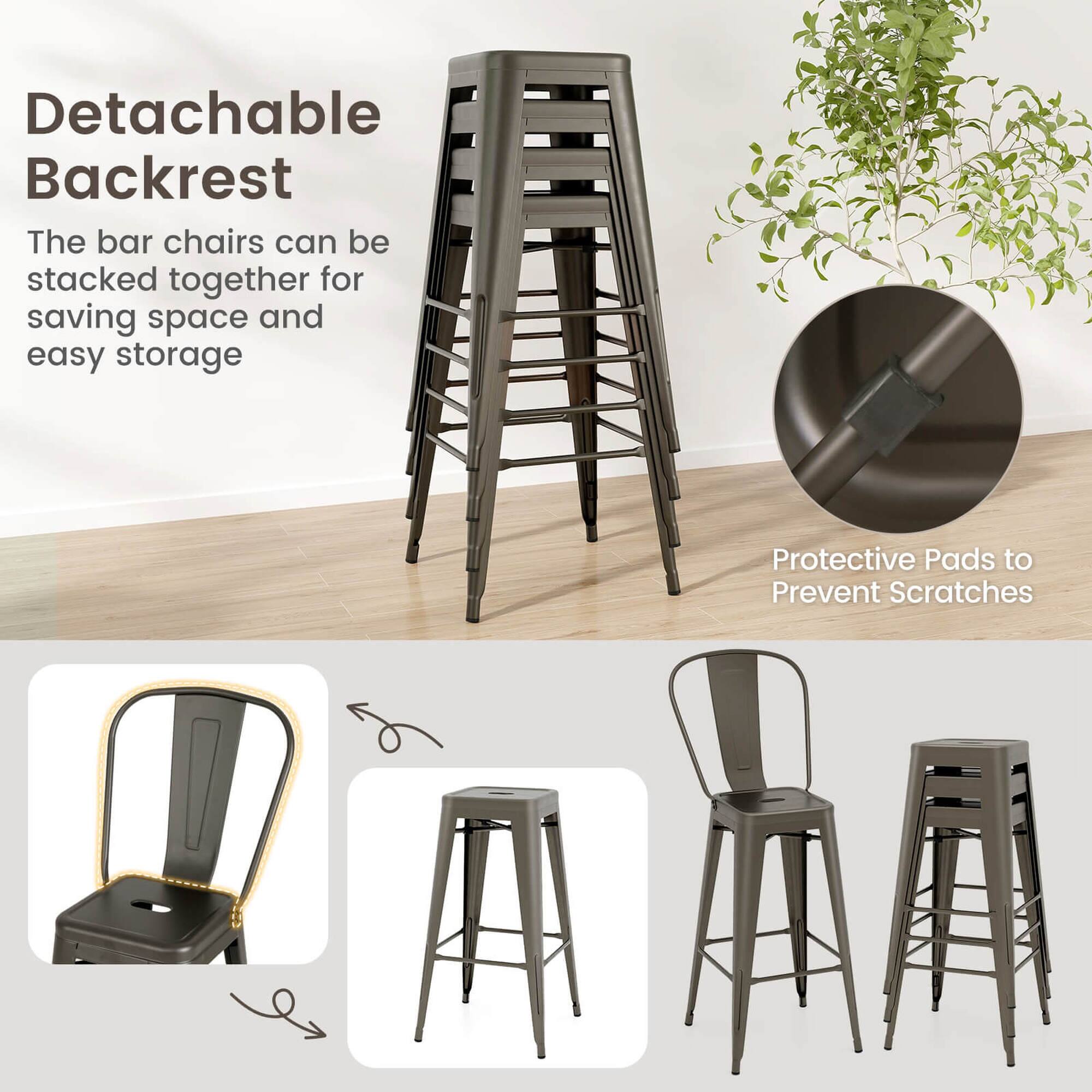 Detachable Backrest: The bar chairs can be stacked together for saving space and easy storage. Protective Pads to Prevent Scratches.