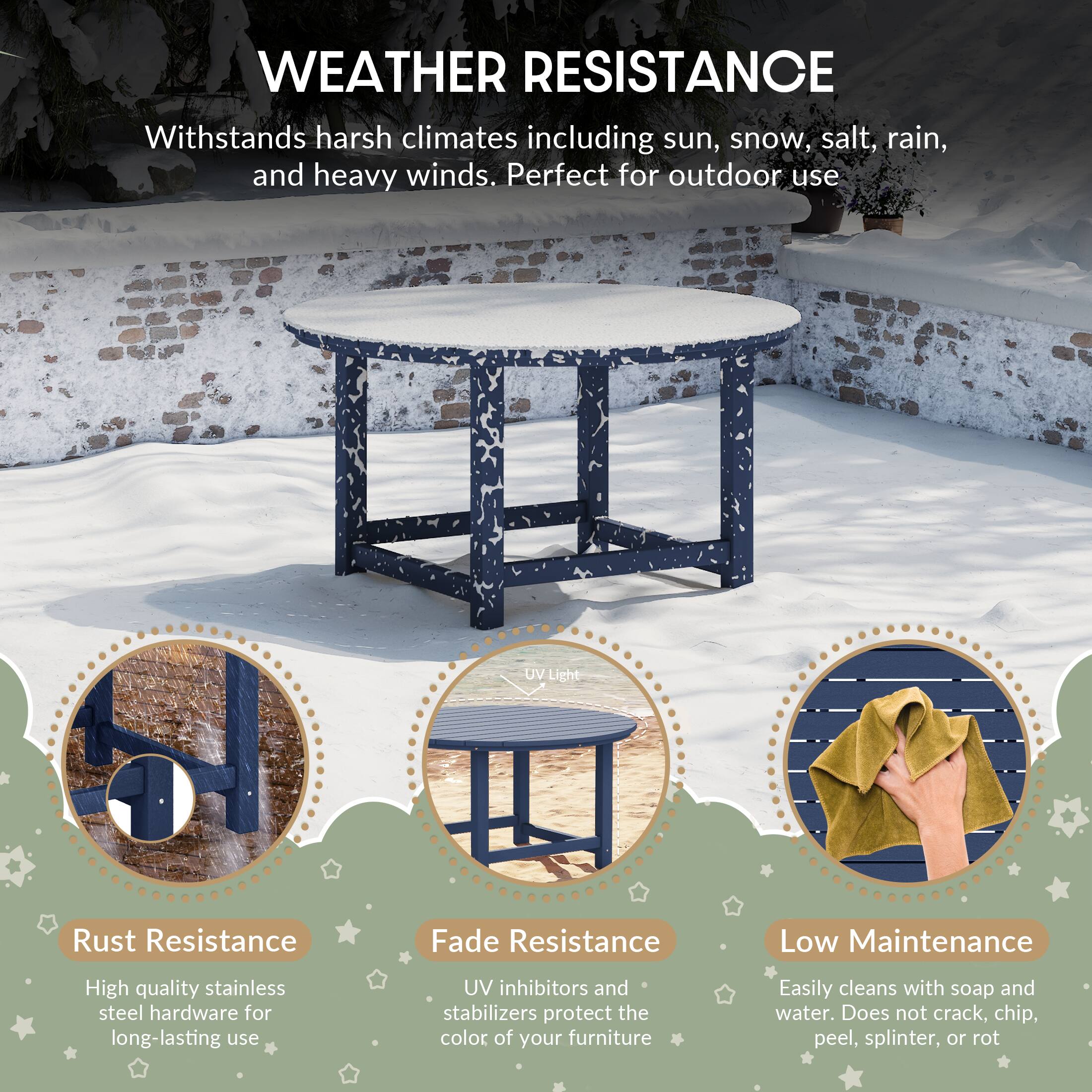 WEATHER RESISTANCE

Withstands harsh climates including sun, snow, salt, rain, and heavy winds. Perfect for outdoor use

UV Light
Rust Resistance
Fade Resistance
Low Maintenance

High quality stainless steel hardware for long-lasting use
UV inhibitors and stabilizers protect the color of your furniture
Easily cleans with soap and water. Does not crack, chip, peel, splinter, or rot