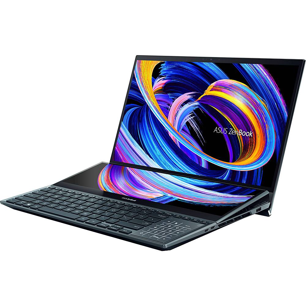 Left View: ASUS - ZenBook Pro Duo 15.6" 4K Ultra HD Touch-Screen Laptop - Intel Core i7 - 32GB Memory - NVIDIA GeForce RTX 3070 - 1TB SSD - Celestial Blue