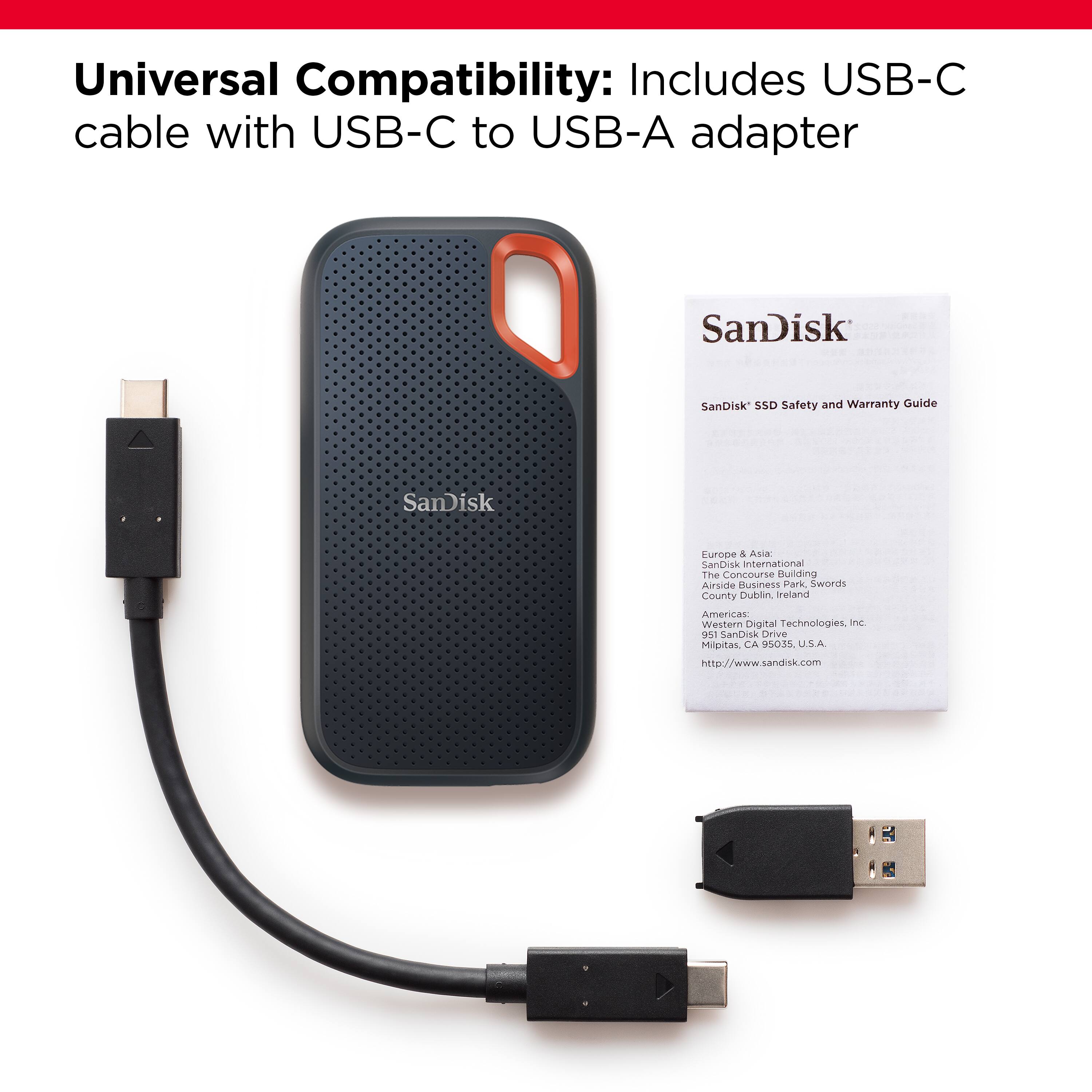 Universal Compatibility: Includes USB-C cable with USB-C to USB-A adapter. SanDisk SanDisk SSD Safety and Warranty Guide. SanDisk Europe & Asia: SanDisk International. The Concourse Building, Airside Business Park, Swords County Dublin, Ireland. Americas Western Digital Technologies, Inc. 951 SanDisk Drive, Milpitas, CA 95035. U.S.A. <http://www.sandisk.com>.