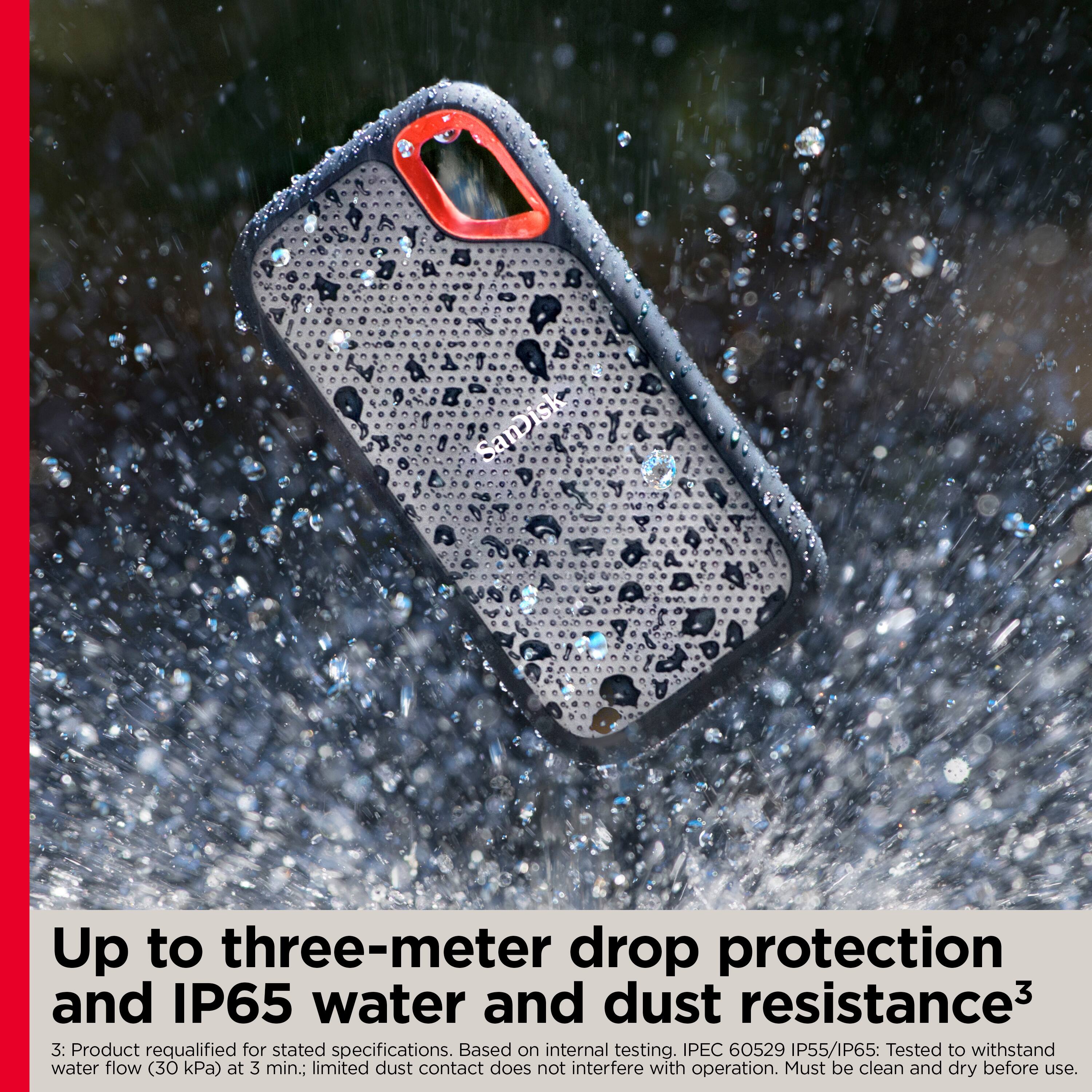 SamDisk offers up to three-meter drop protection and IP65 water and dust resistance for its products. These features have been qualified based on internal testing, ensuring that the products meet the stated specifications. The IP55/IP65 rating indicates that the products have been tested to withstand water flow (30 kPa) for three minutes and limited dust contact does not interfere with operation. However, it is important to note that the products must be clean and dry before use.