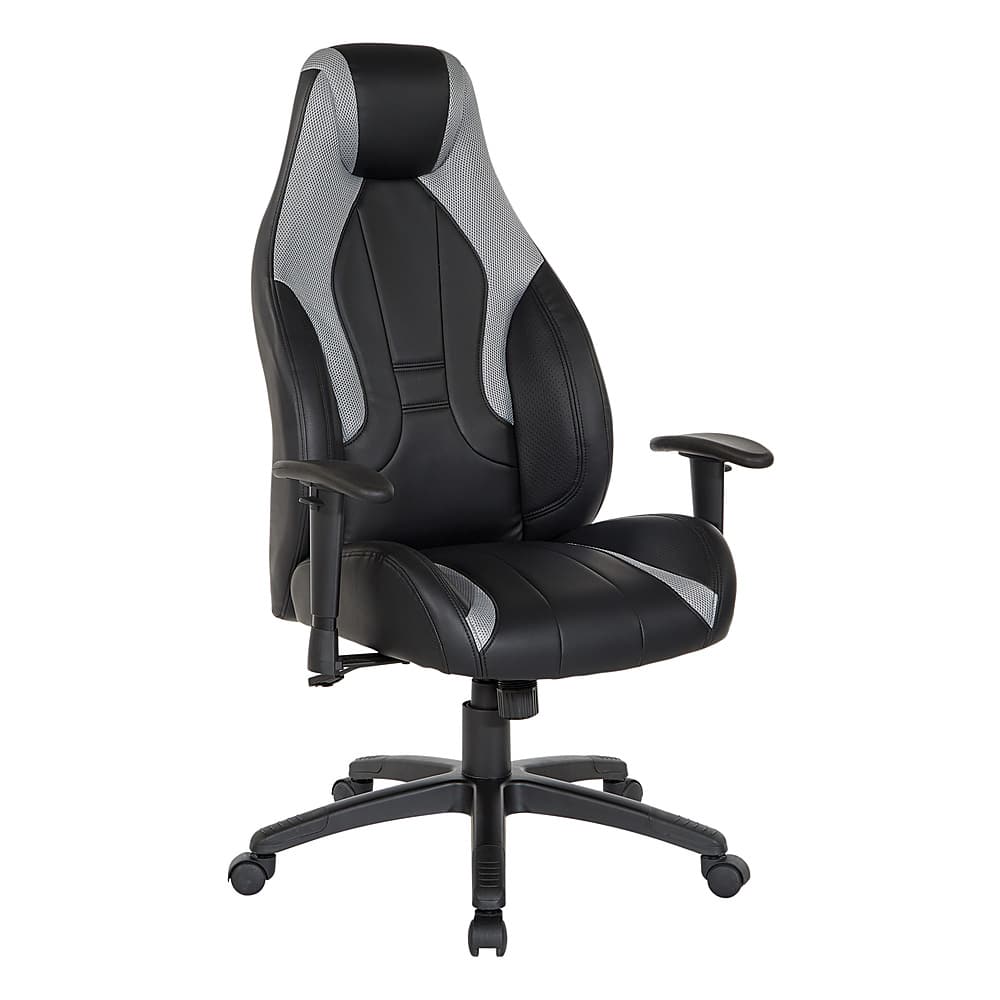 Angle. OSP Home Furnishings - Commander Gaming Chair in Black Faux Leather and Grey Accents - Gray.