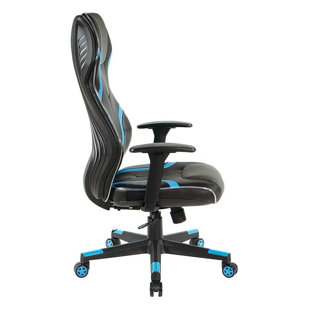 Left View: OSP Home Furnishings - Rogue Gaming Chair in Black Faux Leather with  Trim and Accents with Controllable RGB LED Light piping - Black / Blue