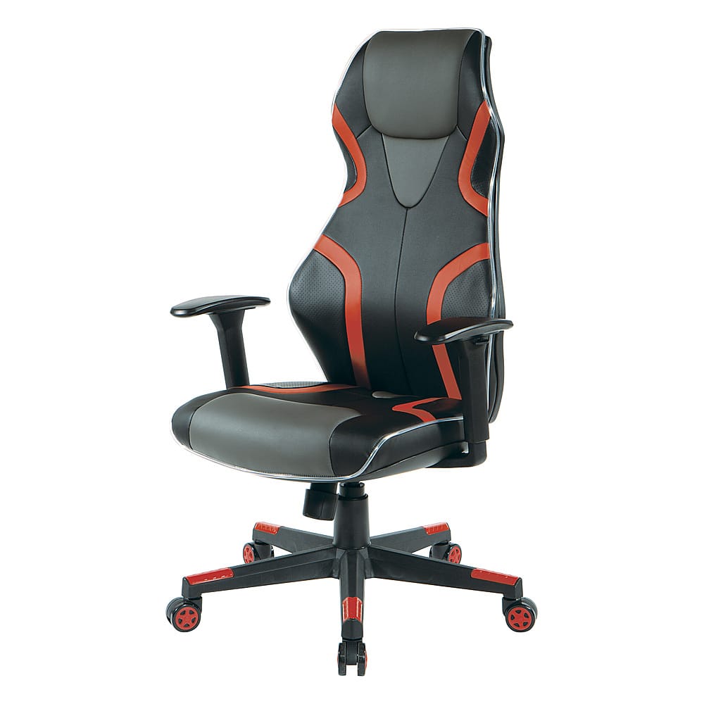 OSP Home Furnishings - Rogue Gaming Chair in Black Faux Leather with Trim and Accents with Controllable RGB LED Light piping - Black/Red - Front_Zoom