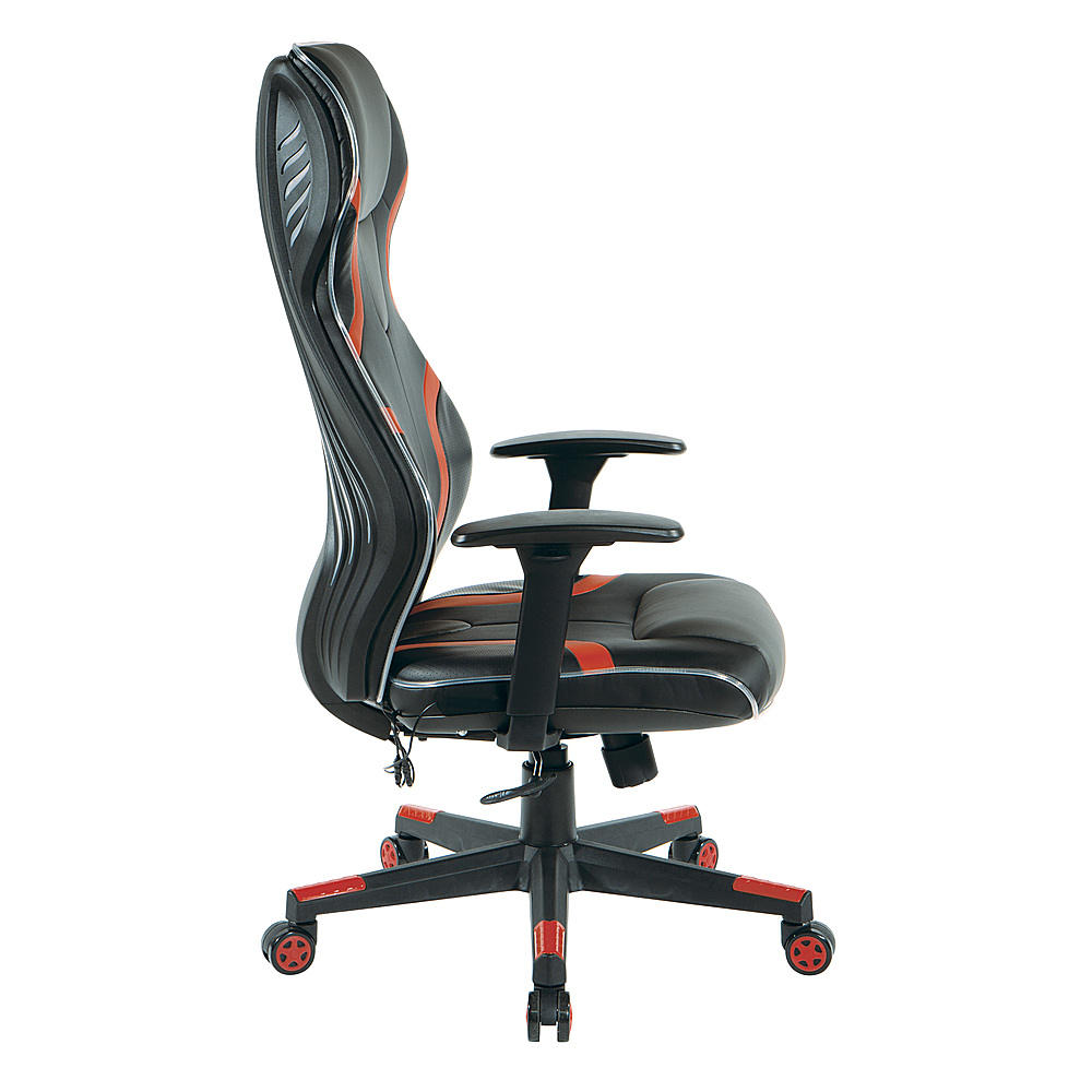 Left View: OSP Home Furnishings - Rogue Gaming Chair in Black Faux Leather with Trim and Accents with Controllable RGB LED Light piping - Black / Red