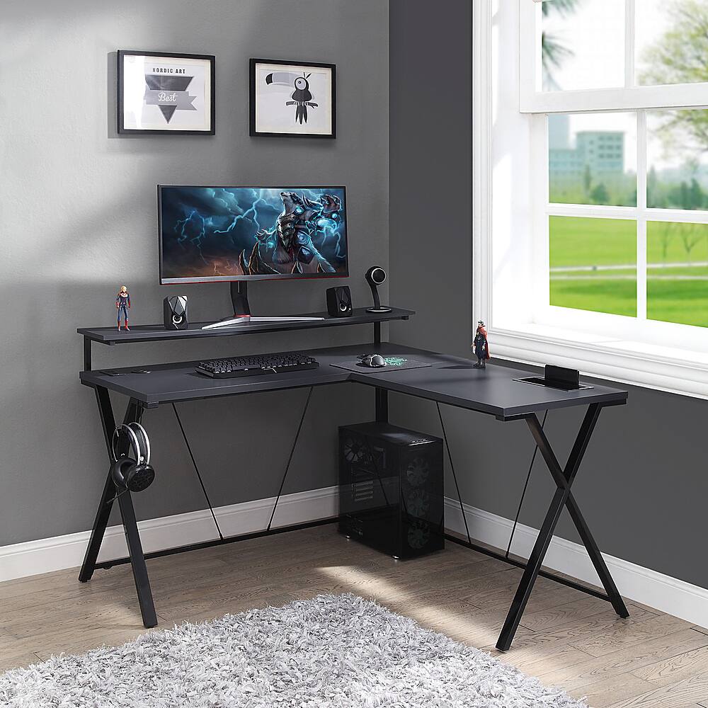 Alt View 12. OSP Home Furnishings - Checkpoint Battlestation L shaped Gaming Desk with RGB LED Lights - Black.
