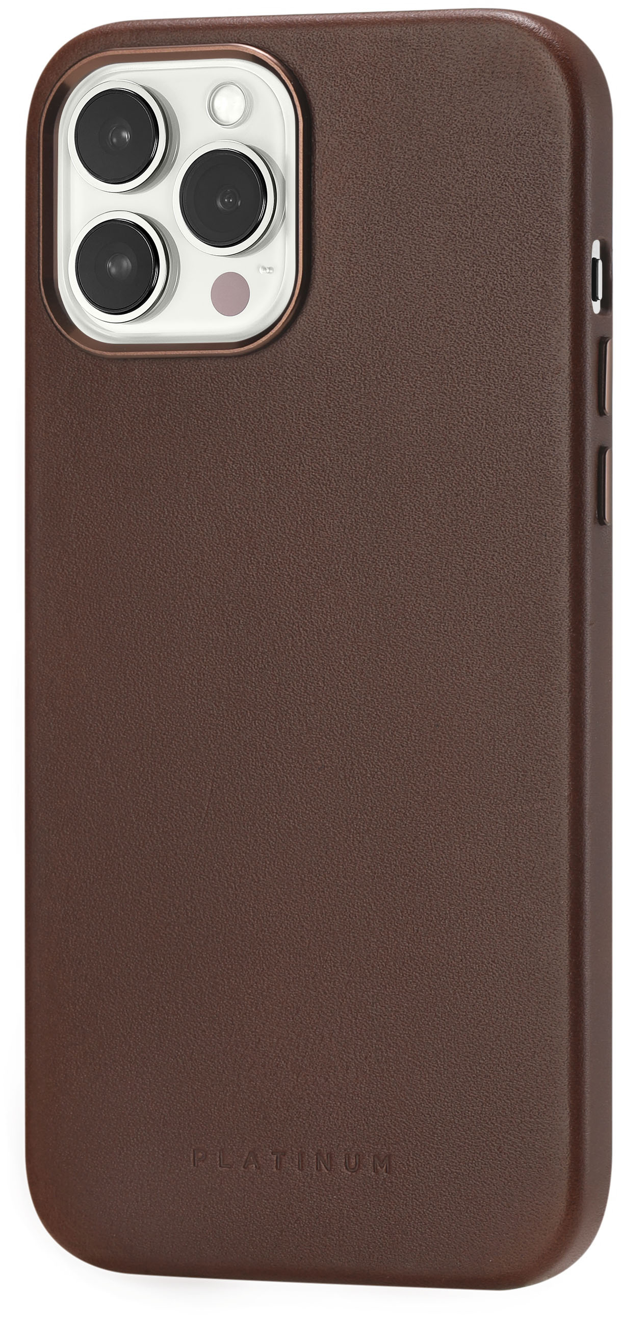 Left View: Platinum™ - Horween Leather Case for iPhone 13 Pro Max and iPhone 12 Pro Max - Bourbon