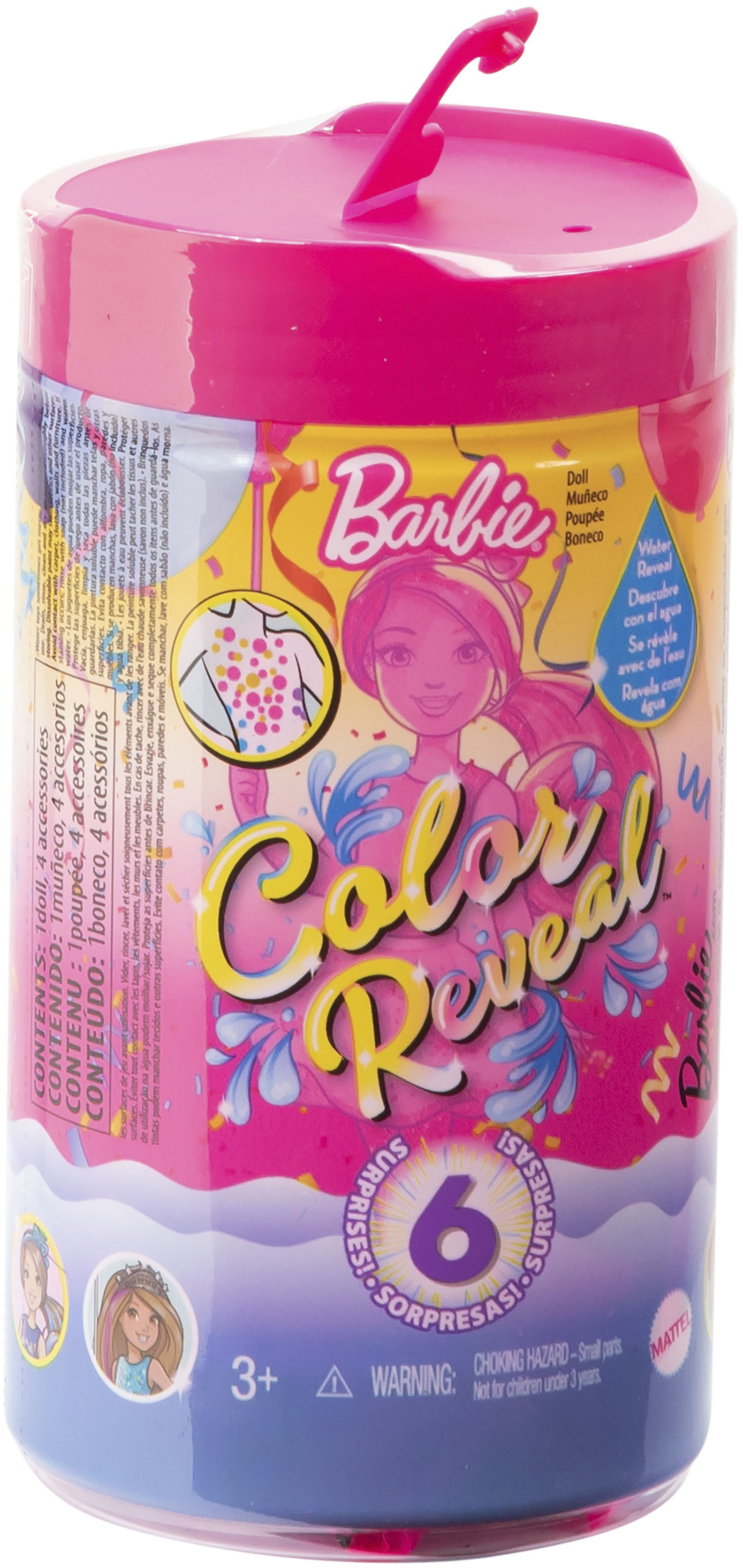 Left View: Barbie Chelsea Color Reveal Small Doll with Confetti Print & Accessories, 6 Surprises, Color Change