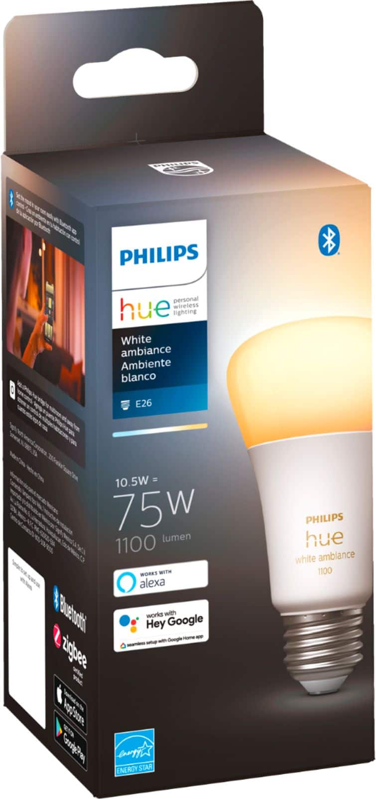 Alt View 12. Philips - Hue A19 Bluetooth 75W Smart LED Bulb - White Ambiance.