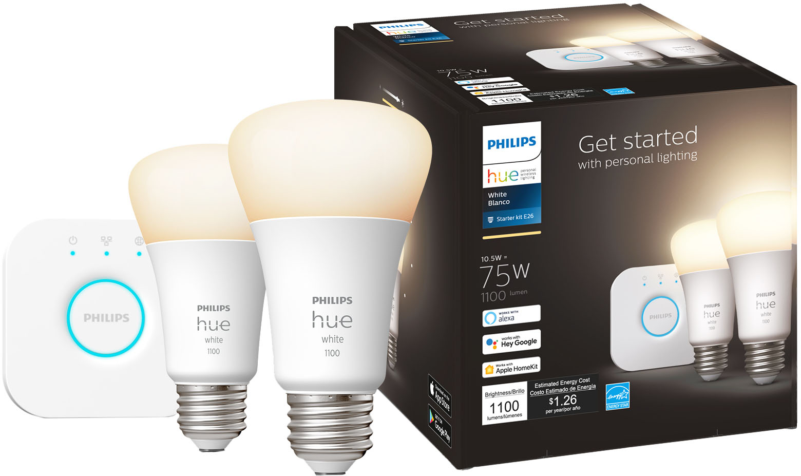 Philips Hue White and Color Ambiance A19 Bluetooth 75-Watts Smart LED Bulbs  (2-Pack), White 