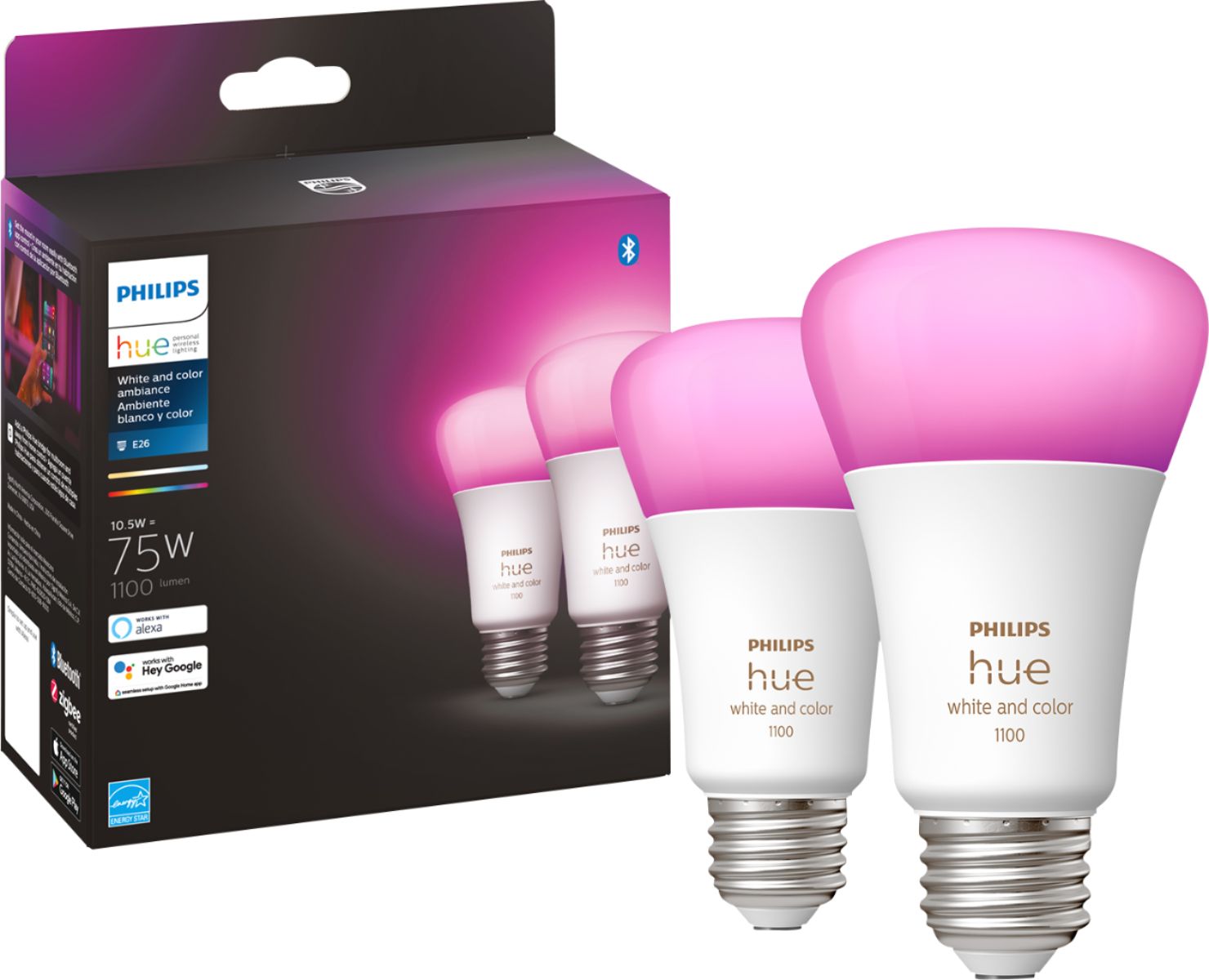 Leap Fade out cheese Philips Hue White and Color Ambiance A19 Bluetooth 75W Smart LED Bulbs  (2-pack) 563361 - Best Buy