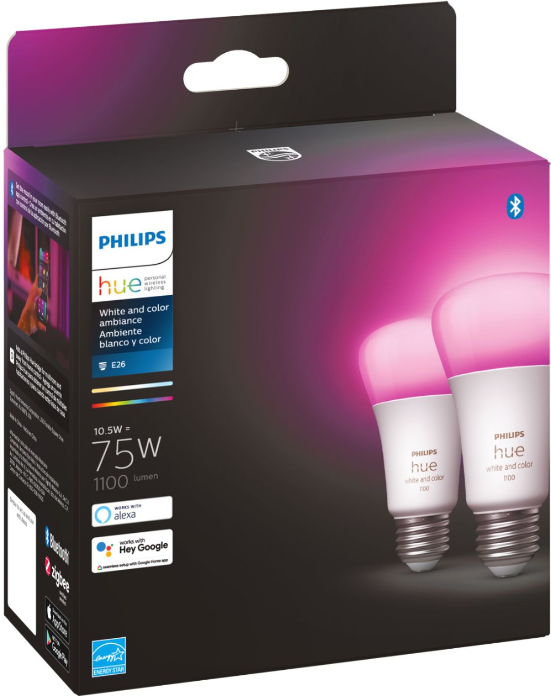Philips Hue White and Color Ambiance A19 Bluetooth 75W Smart LED Bulb, 2-Pack