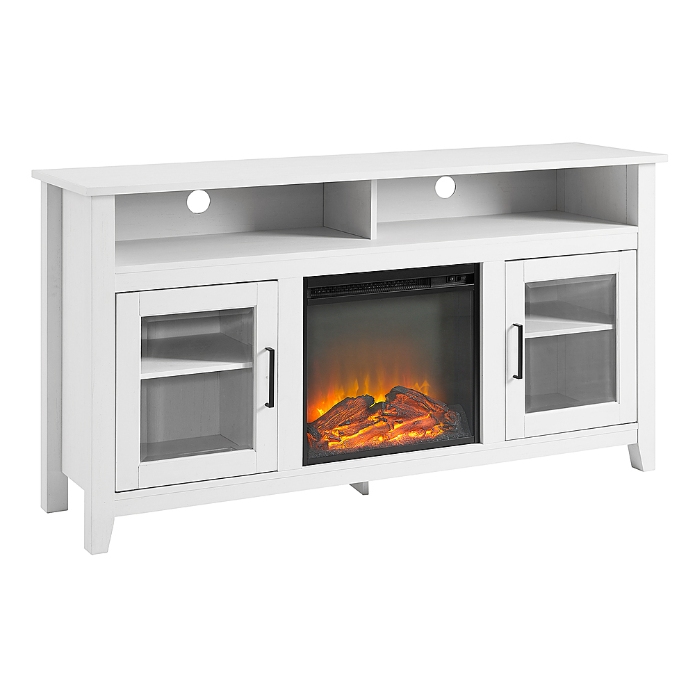 Angle View: Walker Edison - 58" Tall Glass Two Door Soundbar Storage Fireplace TV Stand for Most TVs Up to 65" - Brushed White