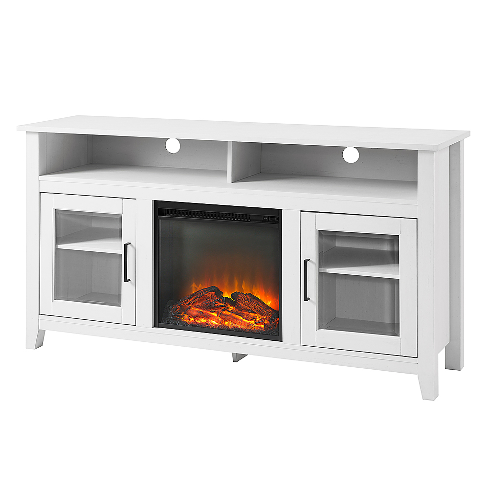 Left View: Walker Edison - 58" Tall Glass Two Door Soundbar Storage Fireplace TV Stand for Most TVs Up to 65" - Brushed White