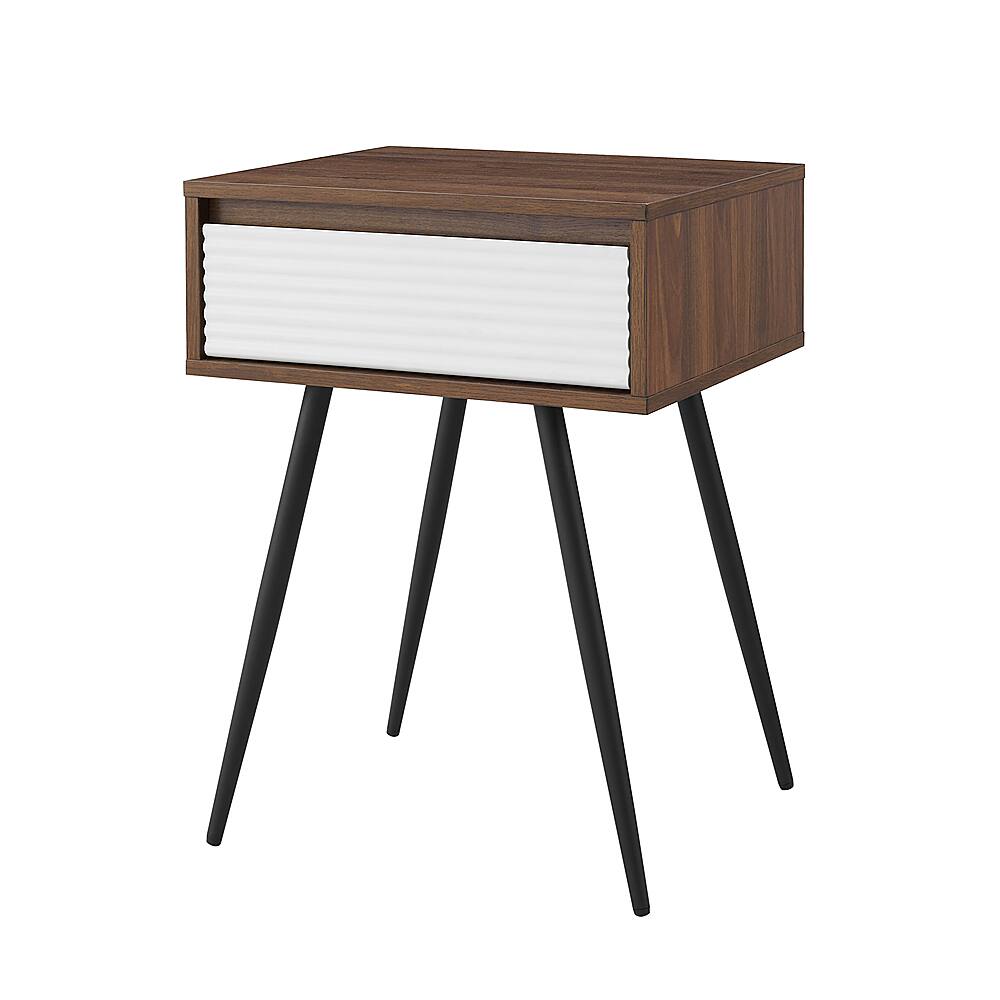 Left View: Walker Edison - 18” Contemporary Fluted Drawer Accent Table - Solid white/Dark walnut