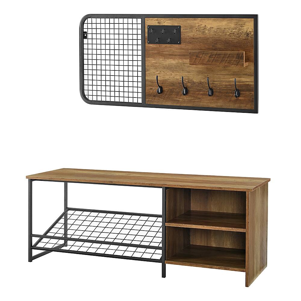 Left View: Walker Edison - 48" Industrial Entry Bench and Wall Organizer Set - Reclaimed barnwood