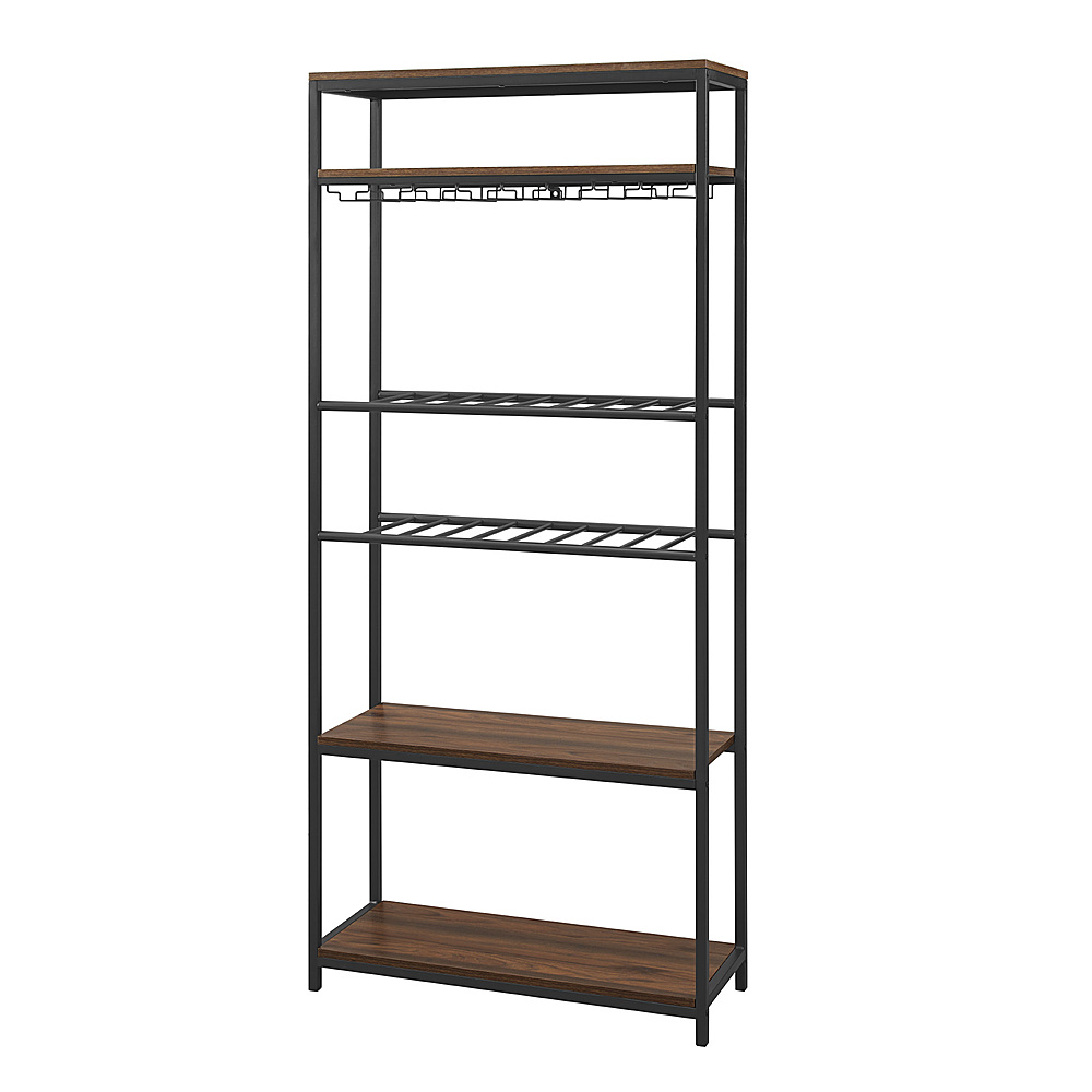 Left View: Walker Edison - 69” Industrial Wine Bottle and Stemware Shelf - Dark walnut