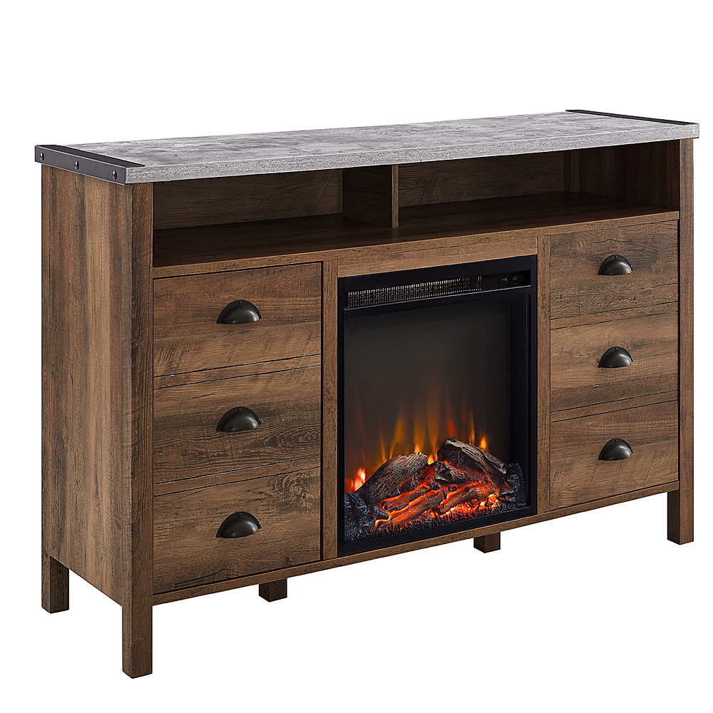 Angle View: Walker Edison - Rustic Apothecary Two Door Fireplace TV Stand for Most TVs up to 58" - Rustic Oak