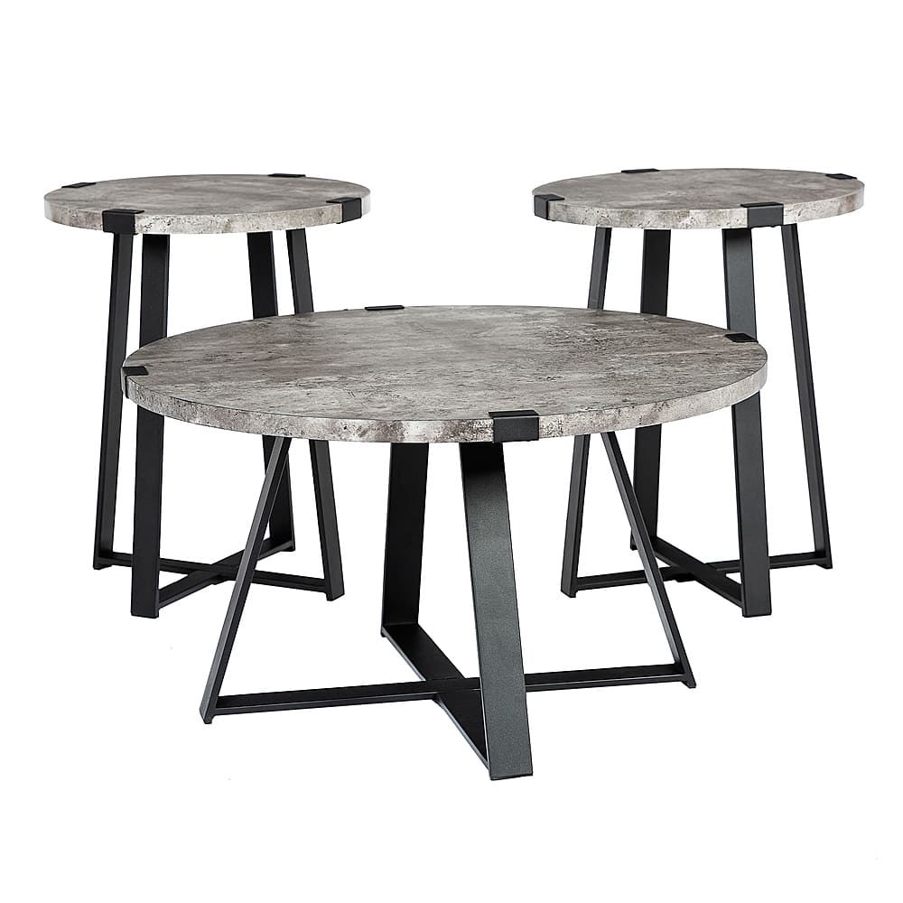 Front. Walker Edison - Urban 3 Piece Metal Coffee and Side Table Set - Faux Dark Concrete.