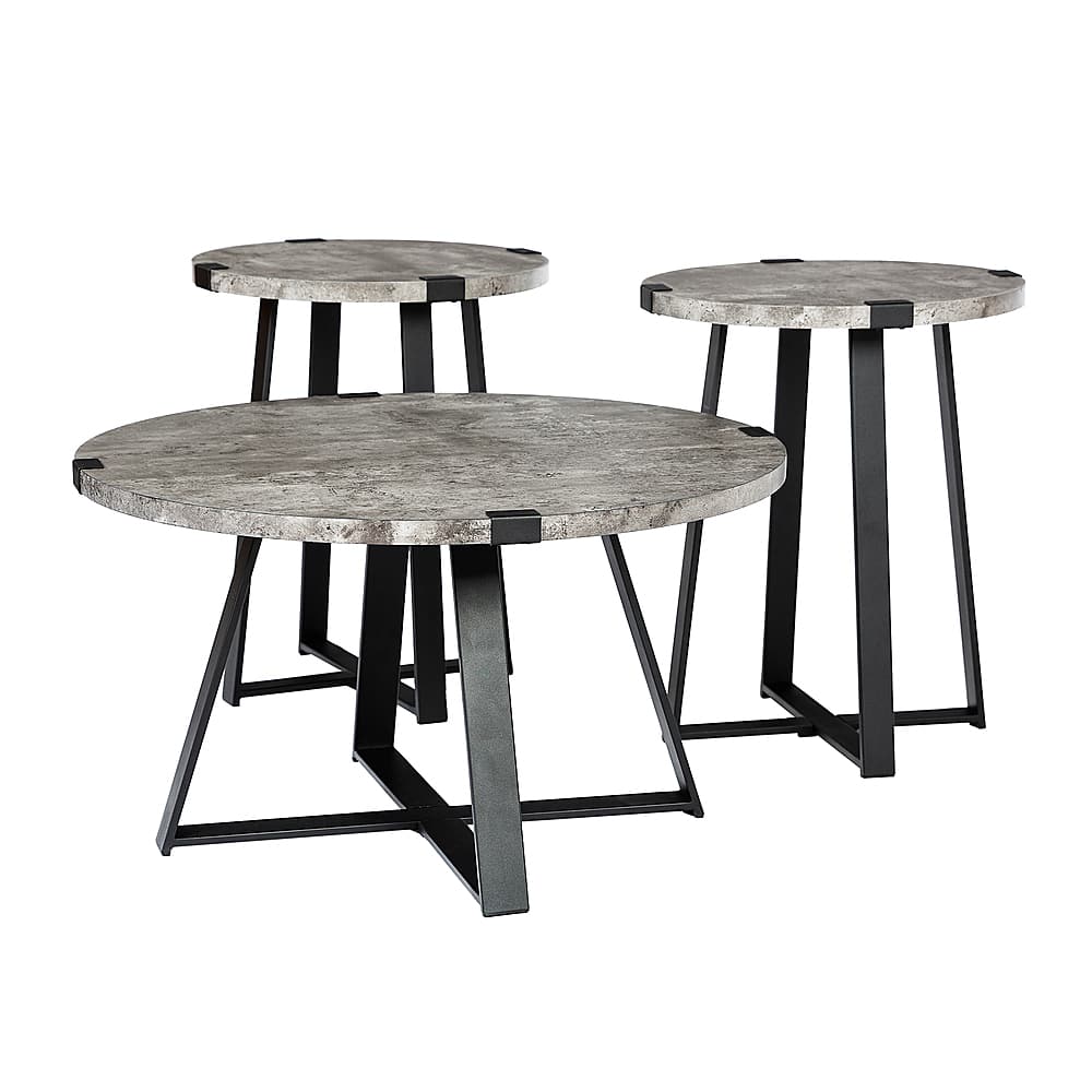 Left View: Walker Edison - Urban 3 Piece Metal Coffee and Side Table Set - Faux Dark Concrete