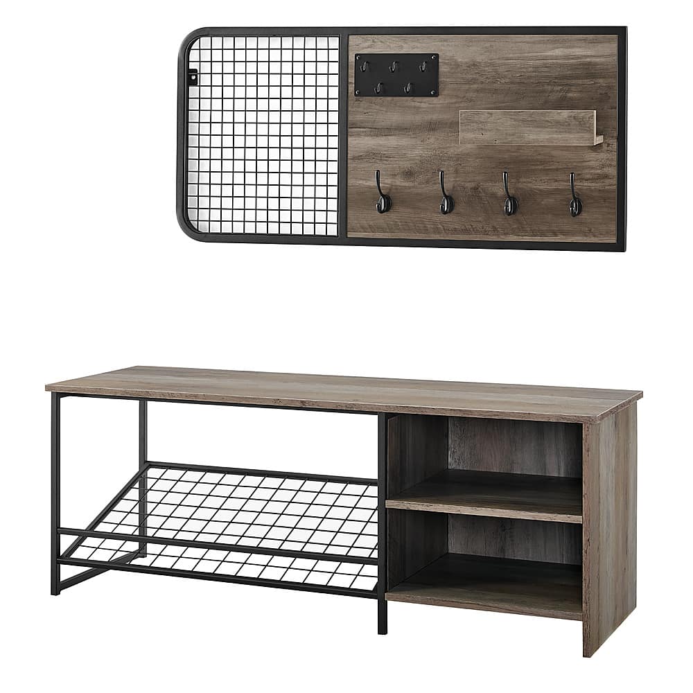 Left View: Walker Edison - 48" Industrial Entry Bench and Wall Organizer Set - Grey wash