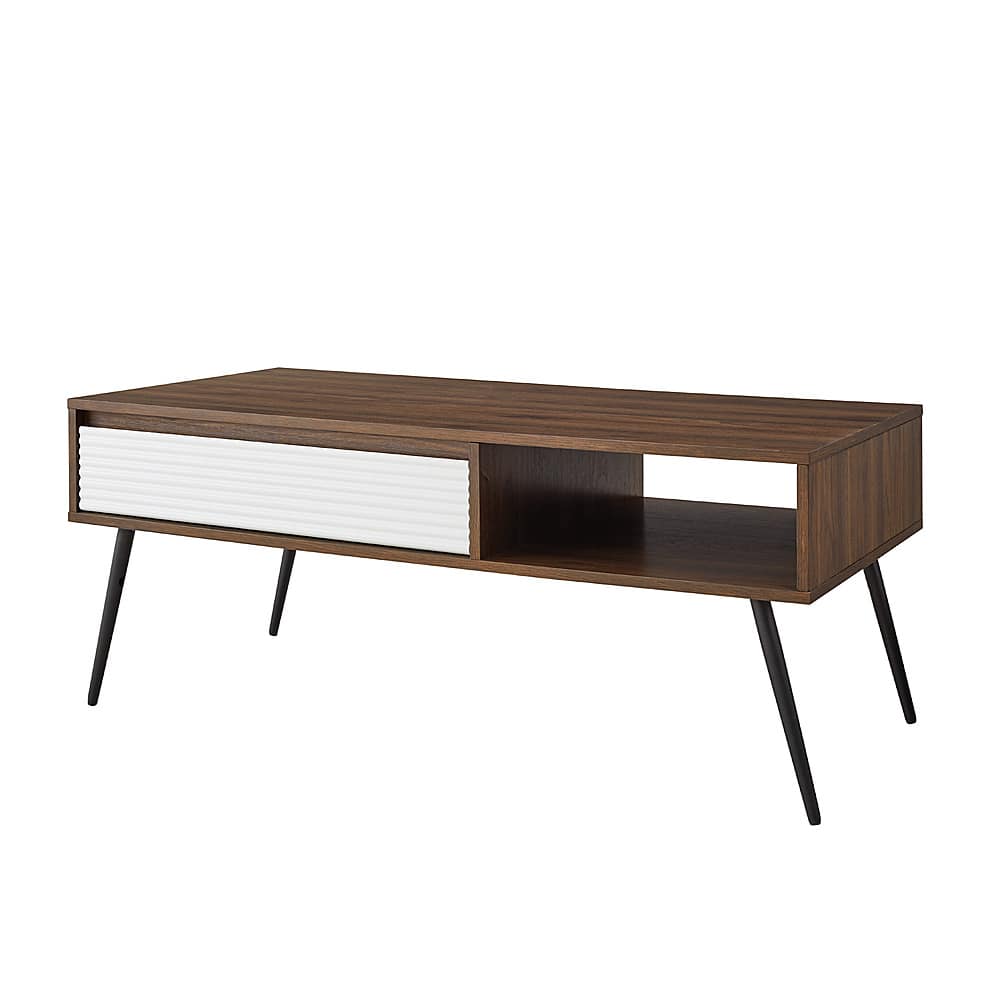 Left View: Walker Edison - 44” Contemporary Fluted Drawer Coffee Table - Solid white/Dark walnut