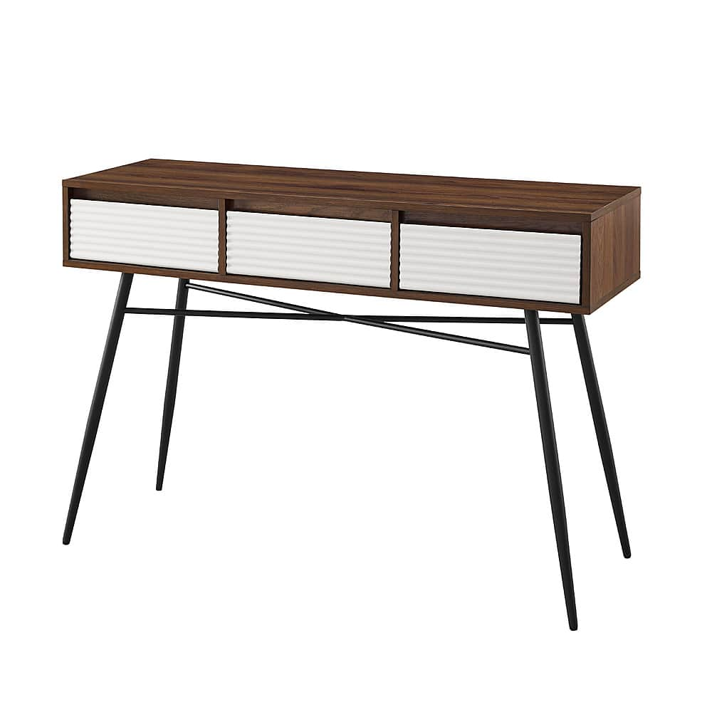 Left View: Walker Edison - 44” Contemporary Fluted Drawer Entryway Table - Solid white/Dark walnut