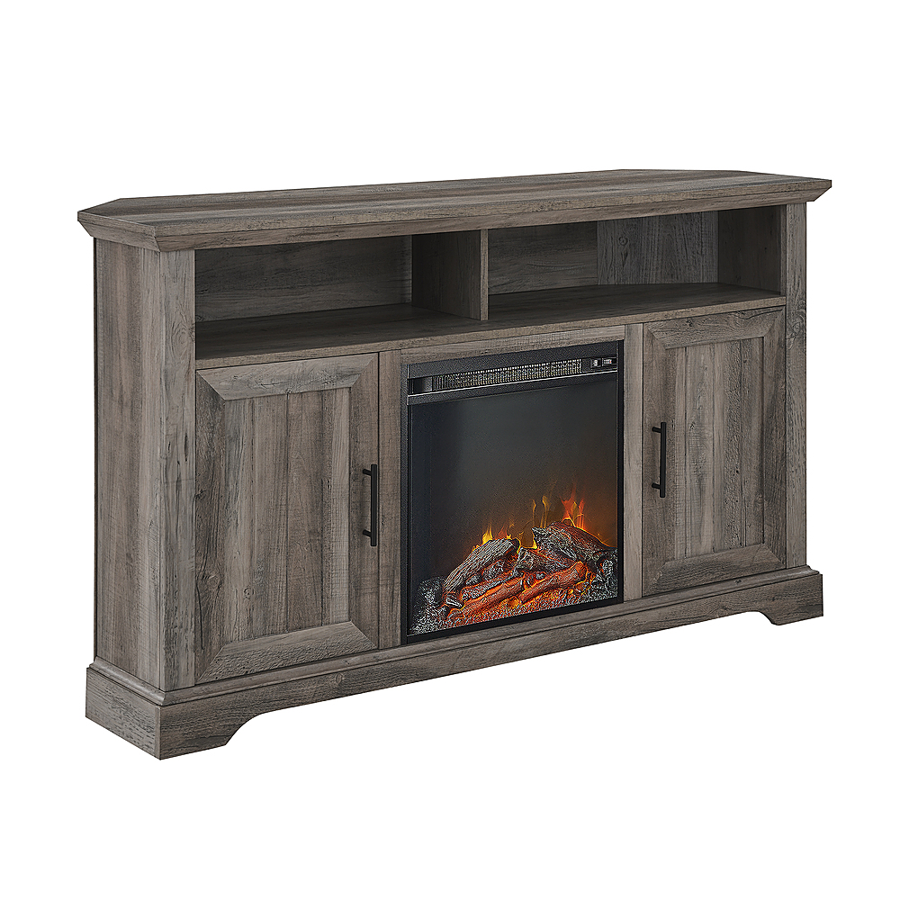 Angle View: Walker Edison - Groove Two Door Farmhouse Fireplace Corner TV Stand for Most TVs up to 60" - Grey Wash