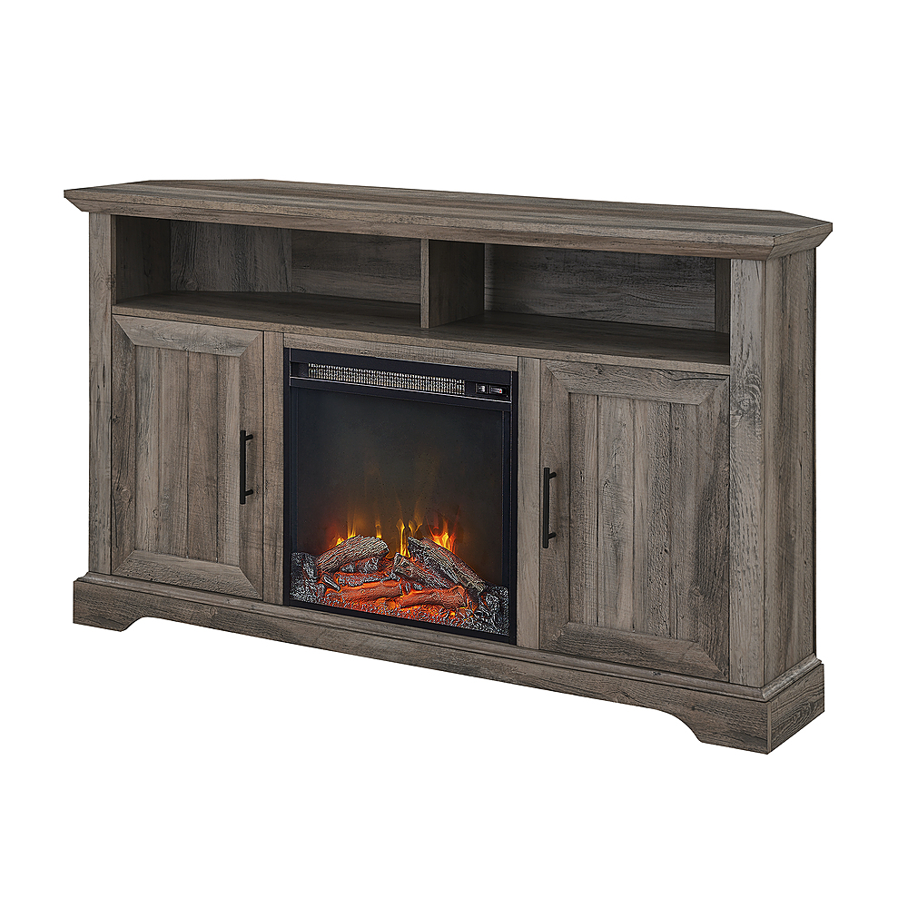 Left View: Walker Edison - Groove Two Door Farmhouse Fireplace Corner TV Stand for Most TVs up to 60" - Grey Wash