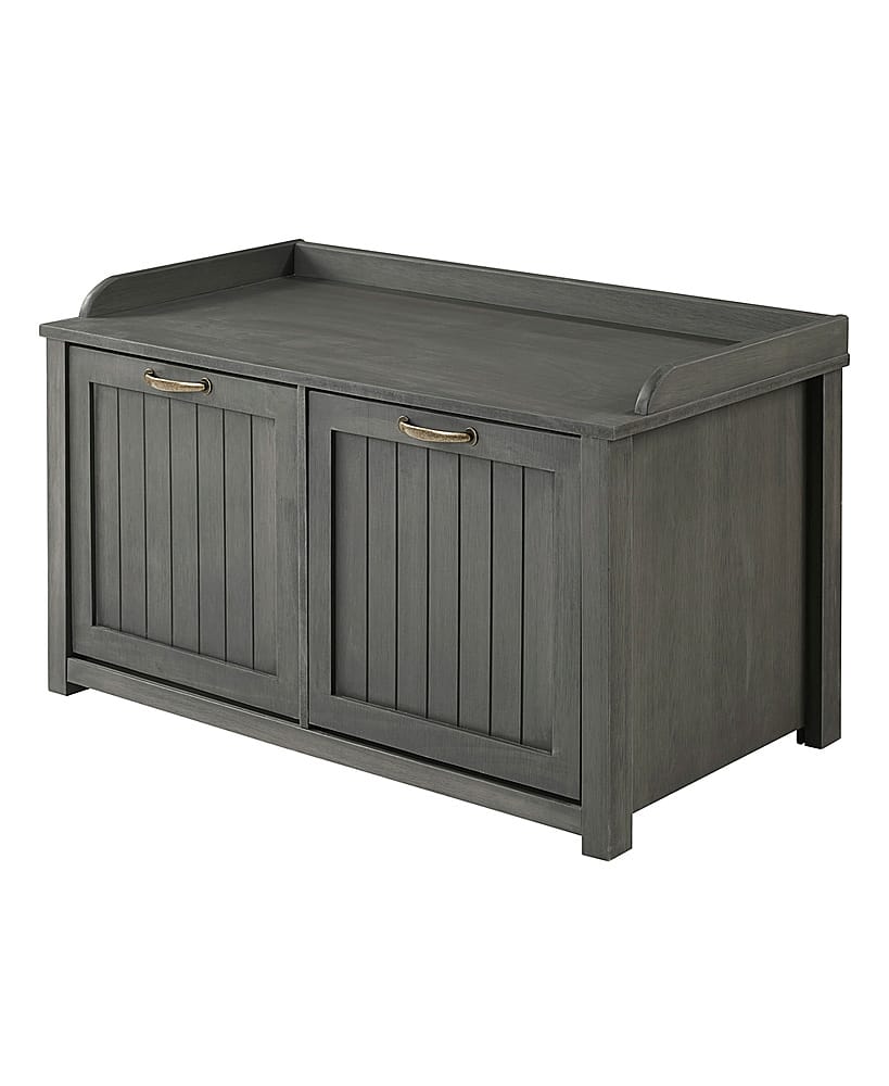 Left View: Walker Edison - 38” Classic Drop Down Storage Entry Bench - Grey Wash