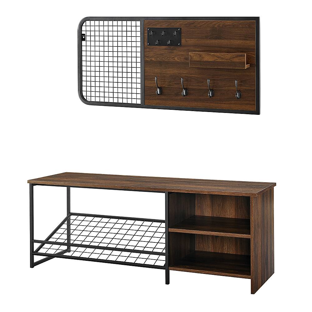 Left View: Walker Edison - 48" Industrial Entry Bench and Wall Organizer Set - Dark walnut