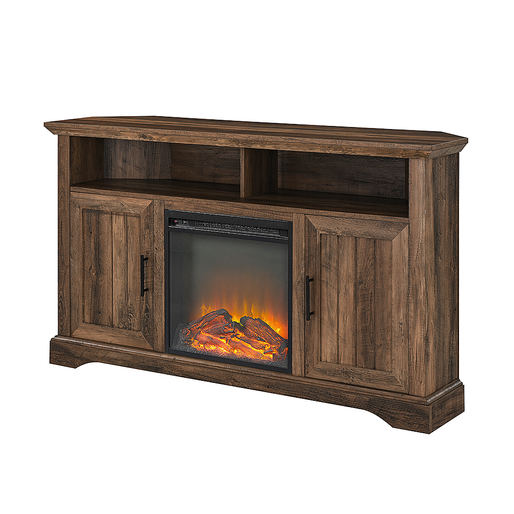 Left View: SEI - Wilconia Electric Media Fireplace w/ Carved Details - Dark brown, natural, and gold finish