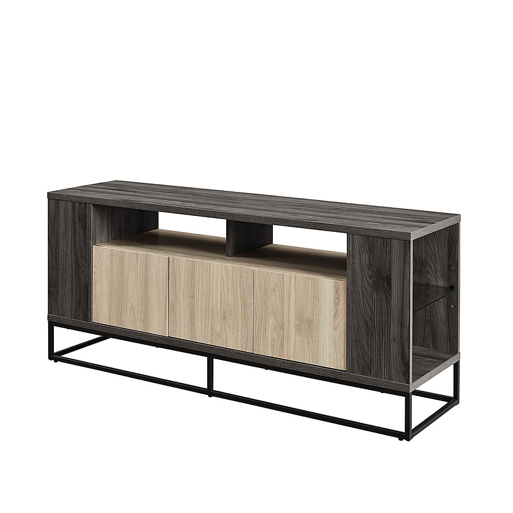 Left View: SEI - Carondale Sliding Door Media Stand - Brown, gold, and natural finish